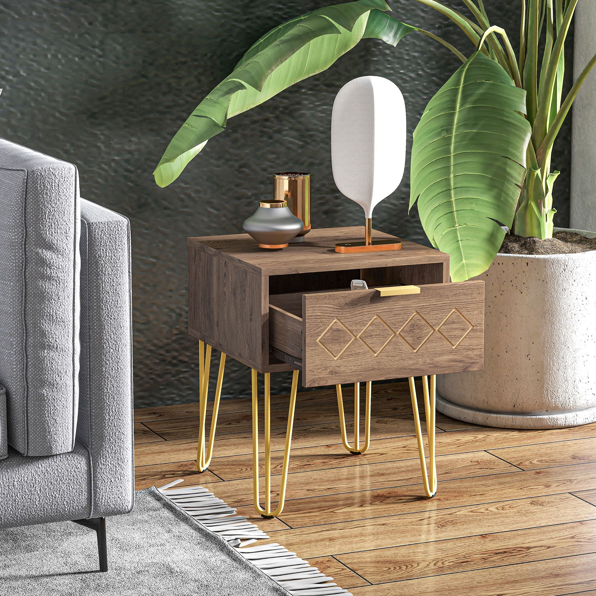 HOMCOM Bedside Table with Drawer, Wooden Nightstand, Modern Sofa Side Table with Gold Tone Metal Legs for Bedroom 8