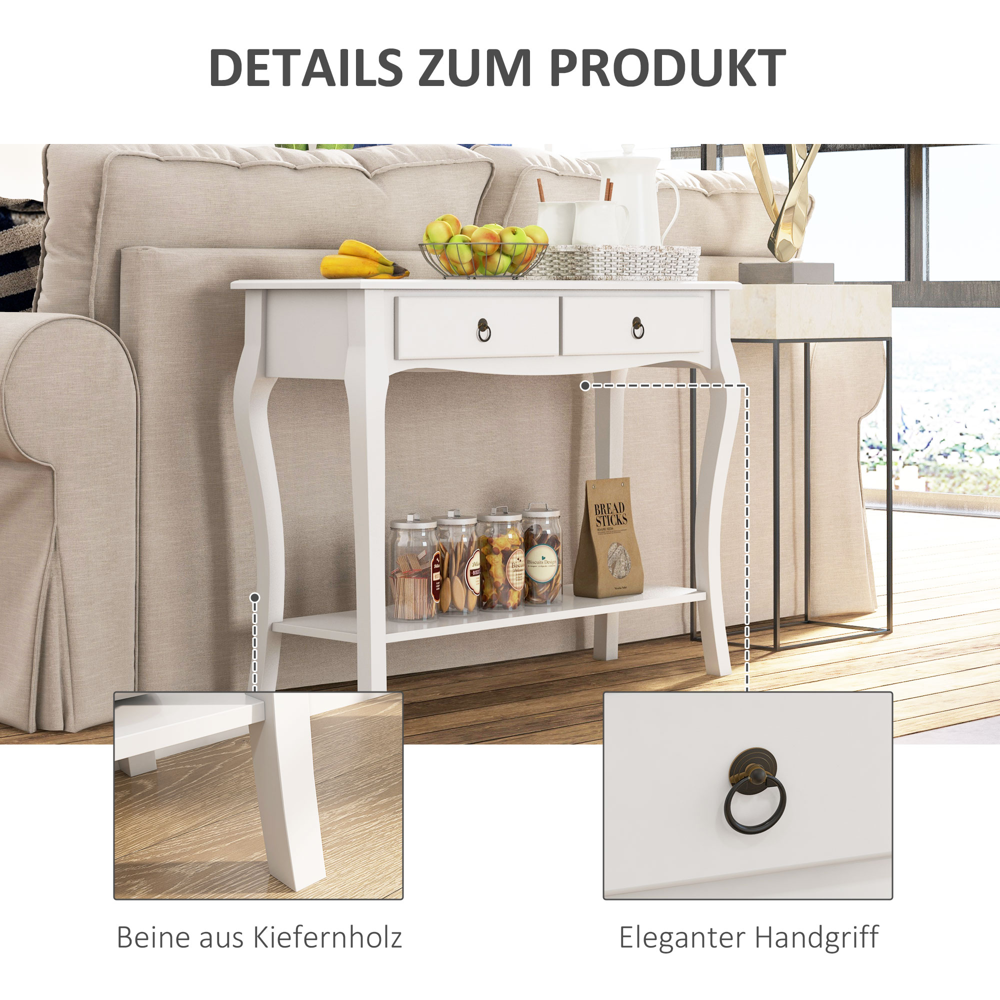 HOMCOM Tavolo Consolle per Ingresso con 2 Cassetti in Legno Bianco e