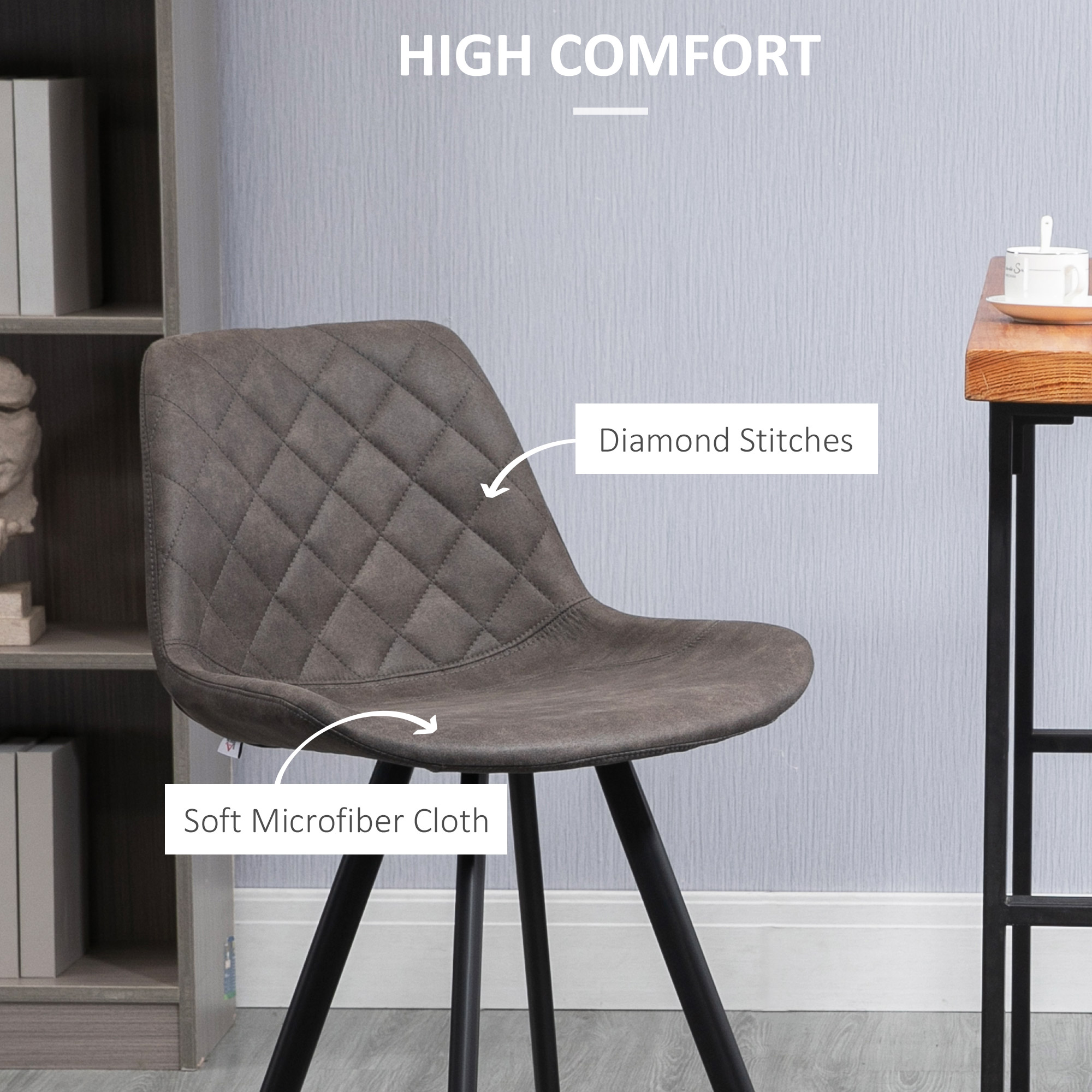 HOMCOM Set Of 2 Bar Stools Vintage Microfiber Cloth Tub Seats Padded Comfortable Steel Frame Footrest Quilted Home Bar Cafe Kitchen Chair Stylish Dark Grey 5