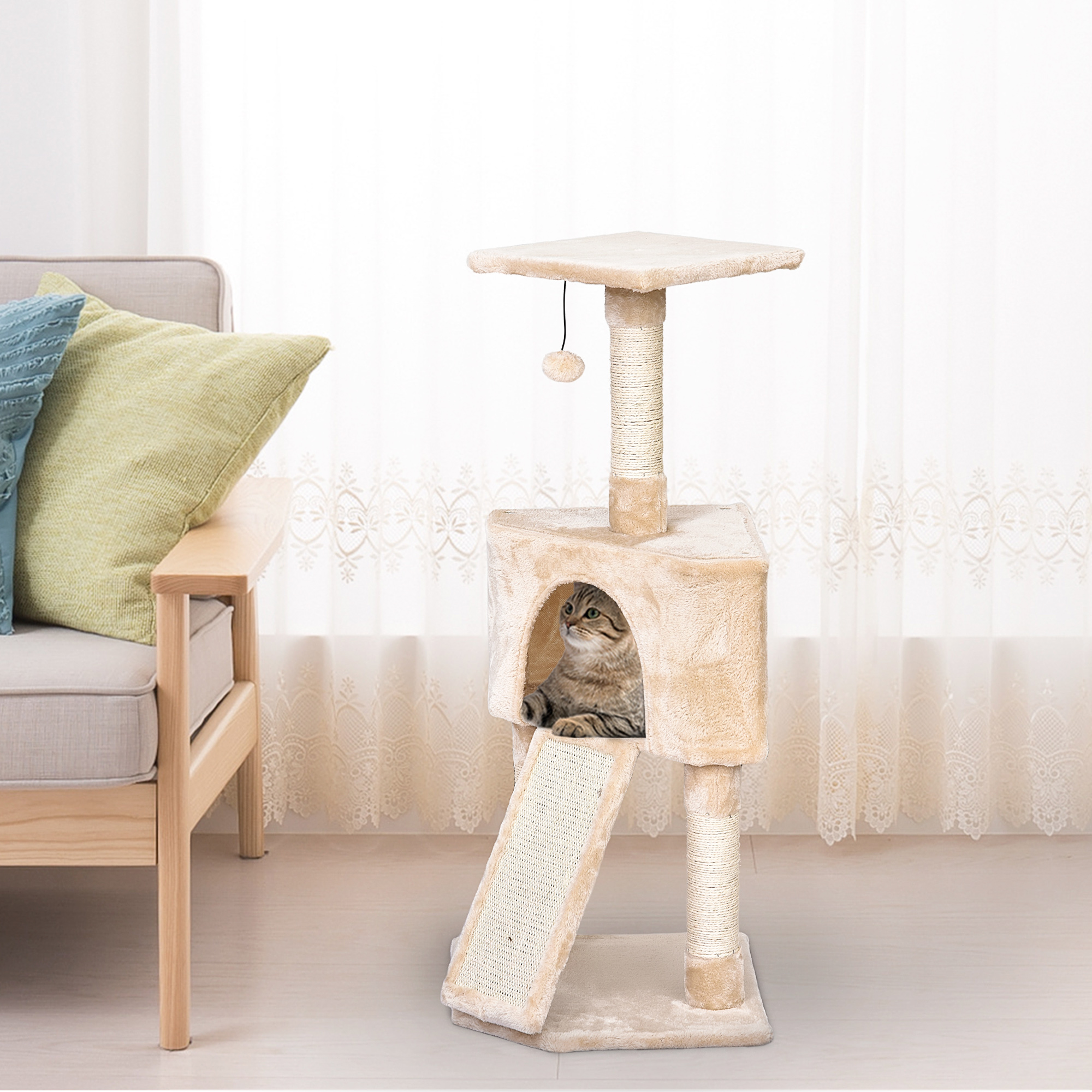 PawHut Corner Cat Tree for Indoor Cats, Kitten Tower with Scratching Post House Ladder Toy Beige 2