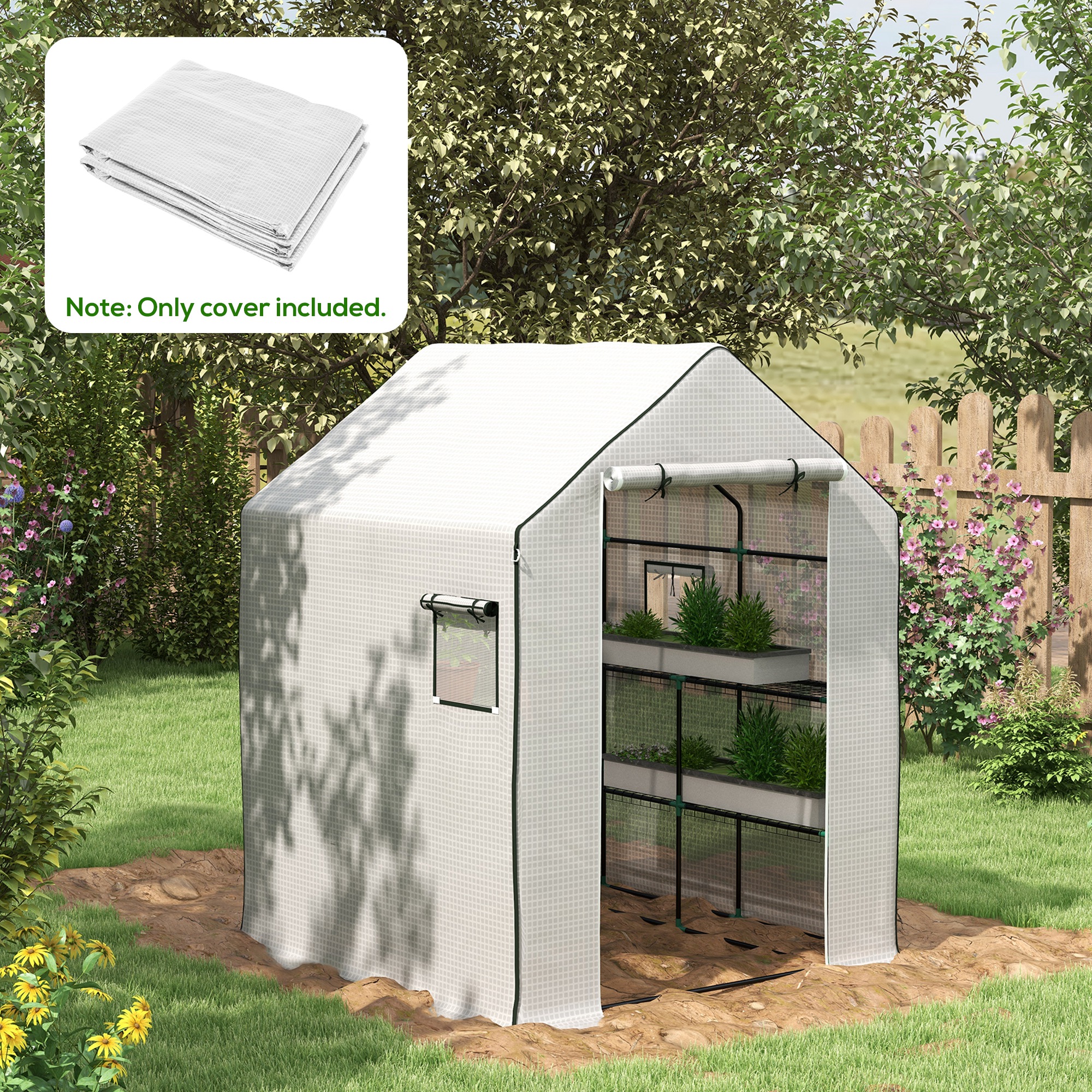 Outsunny Greenhouse Cover Replacement Walk-in PE Hot House Cover with Roll-up Door and Windows, 140 x 143 x 190cm, White 2