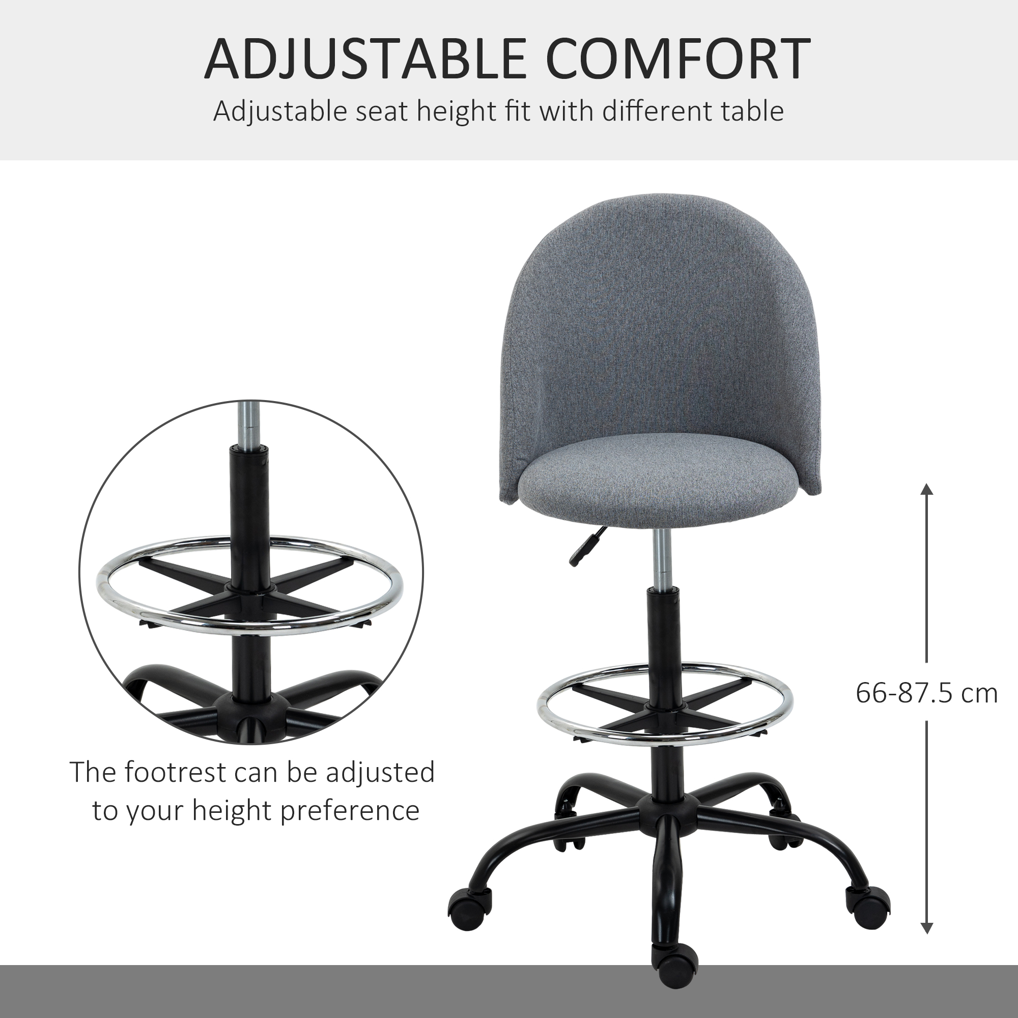 Vinsetto Ergonomic Drafting chair Adjustable Height w/ 5 Wheels Padded Seat Footrest 360° Swivel Freely Comfortable Versatile Use For Home Office Grey 4