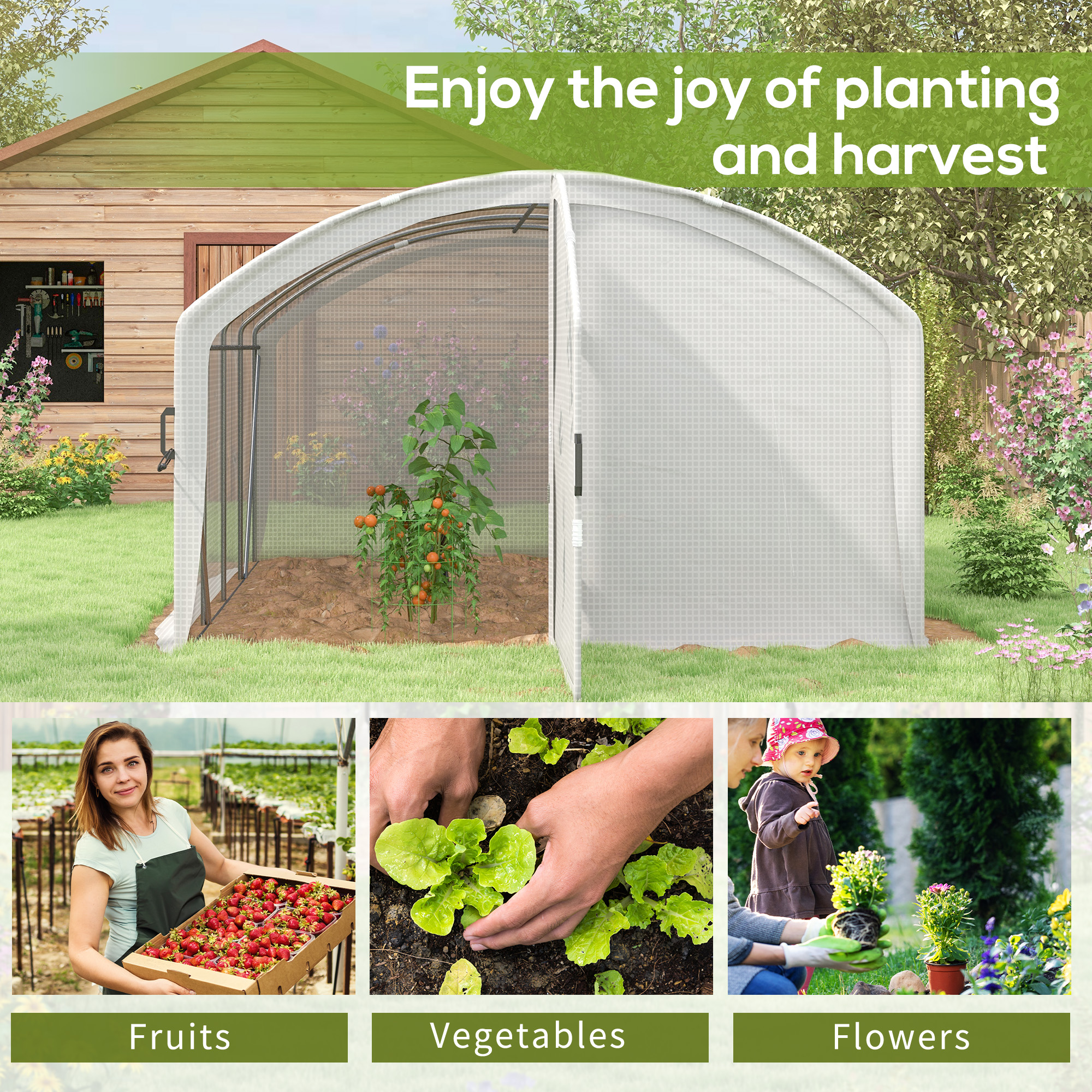 Outsunny Polytunnel Greenhouse Walk-in Grow House with UV-resistant PE Cover, Door, Galvanised Steel Frame, 4 x 3 x 2m, White 7