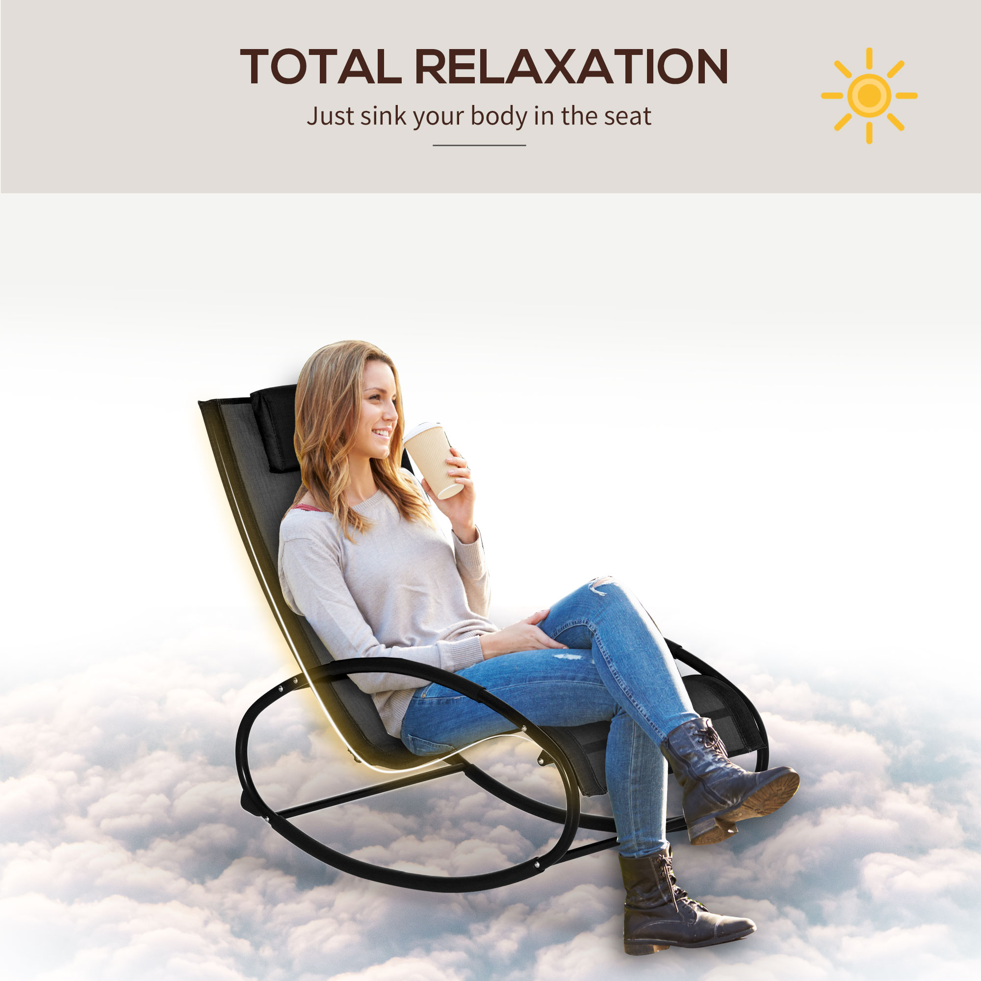Outsunny Rocking Chair Sun Lounger Recliner Rocker Texteline Fabric Patio Garden Relaxer with Pillow, Black 7