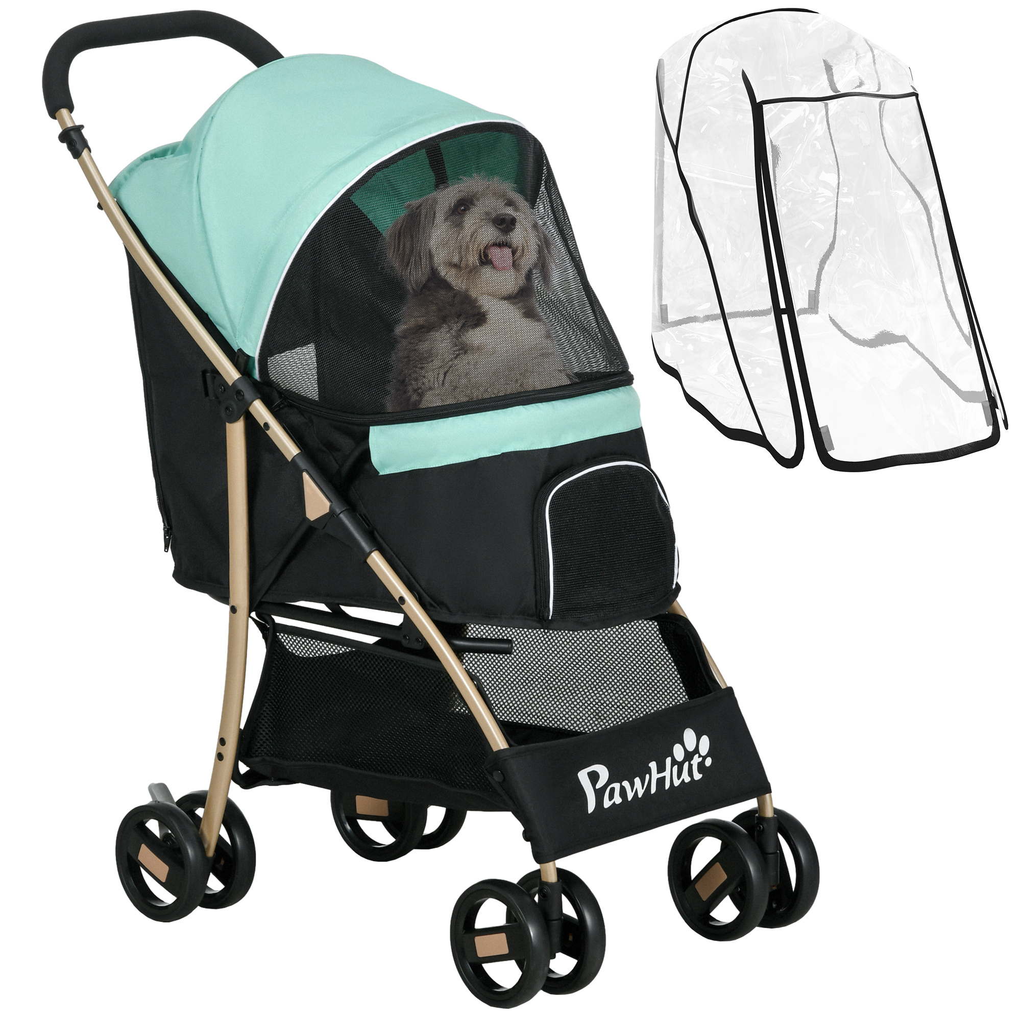 PawHut Pet Stroller for Small and Miniature Dogs, with Rain Cover - Dark Green