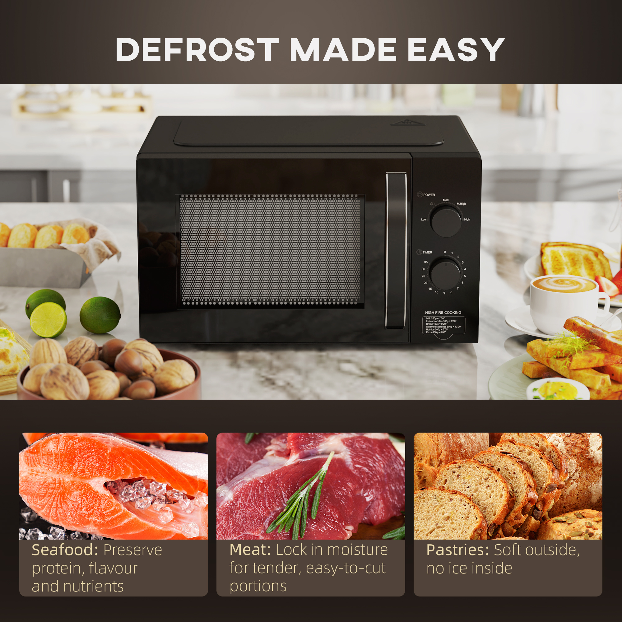 HOMCOM 23L 800W Microwave Oven, Solo Manual Microwave with 5 Power Levels, Defrost, 35 Minutes Timer, Clock, Easy Clean, Small Black Microwave 5