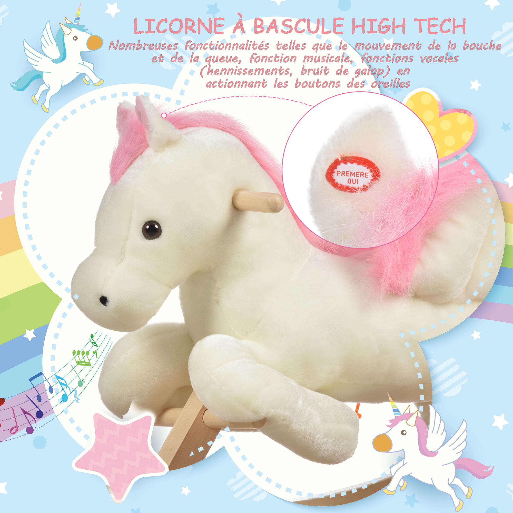 HOMCOM Cheval à bascule pour enfants de 3 ans avec 4 roulettes et sons réalistes pour enfants, avec repose-pieds, 65 x 28 x 75 cm, rose
