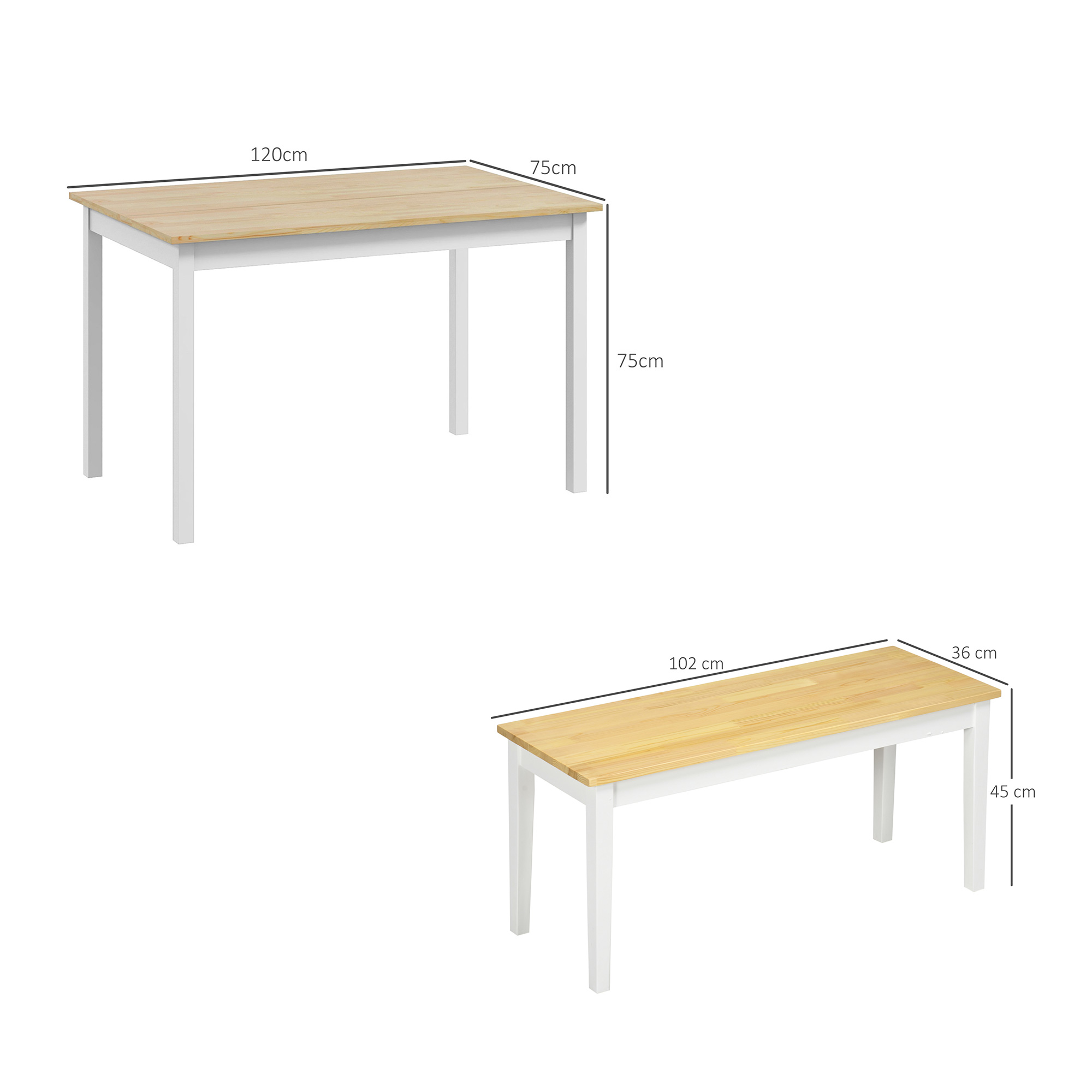 HOMCOM Dining Table and Bench Set, Farmhouse Kitchen Table and Bench with Wooden Frame for Living Room, Dining Room, Natural and White 3