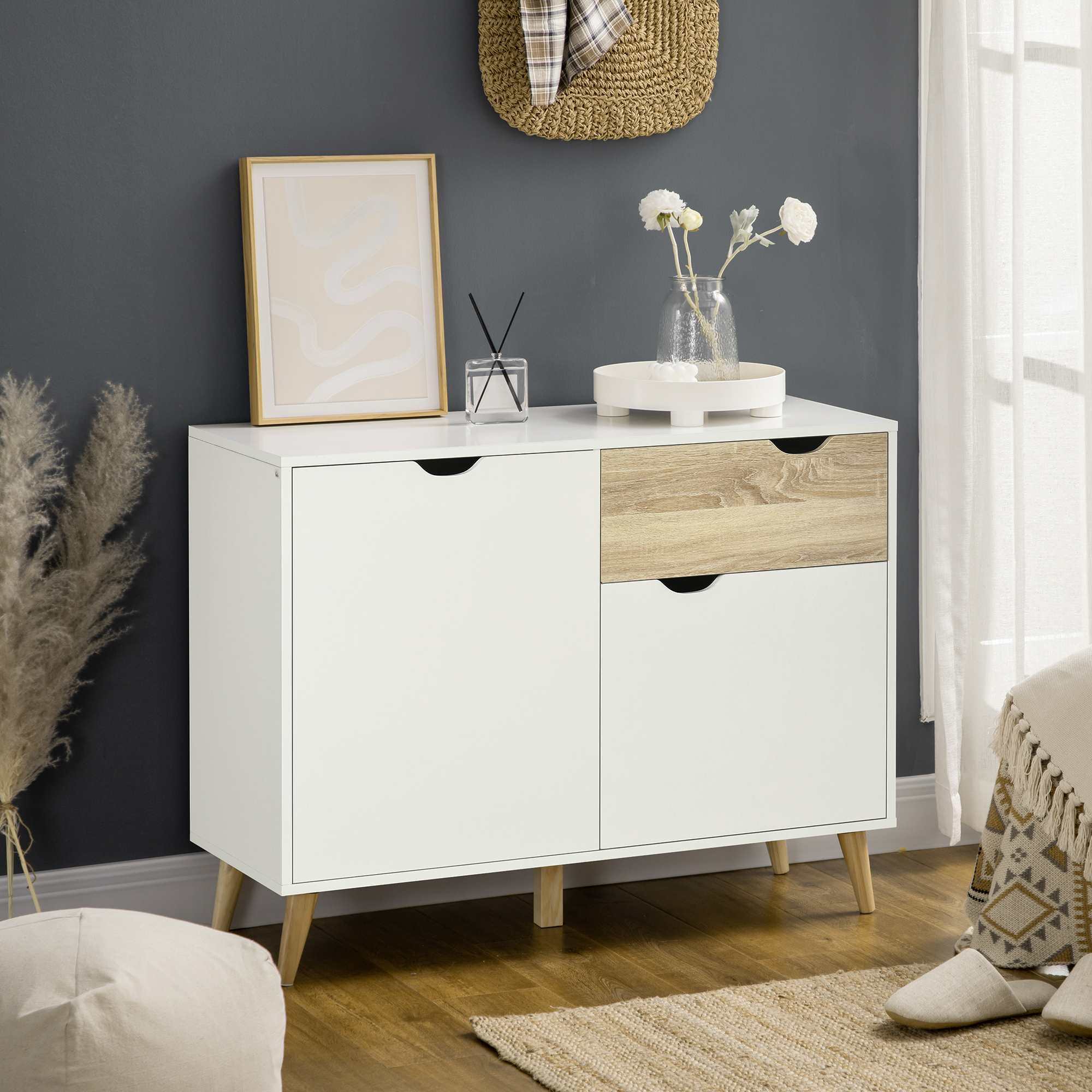HOMCOM Modern Sideboard Storage Cabinet, Free Standing Accent Cupboard with Drawer, 2 Doors for Bedroom, Living Room, Hallway, White 2