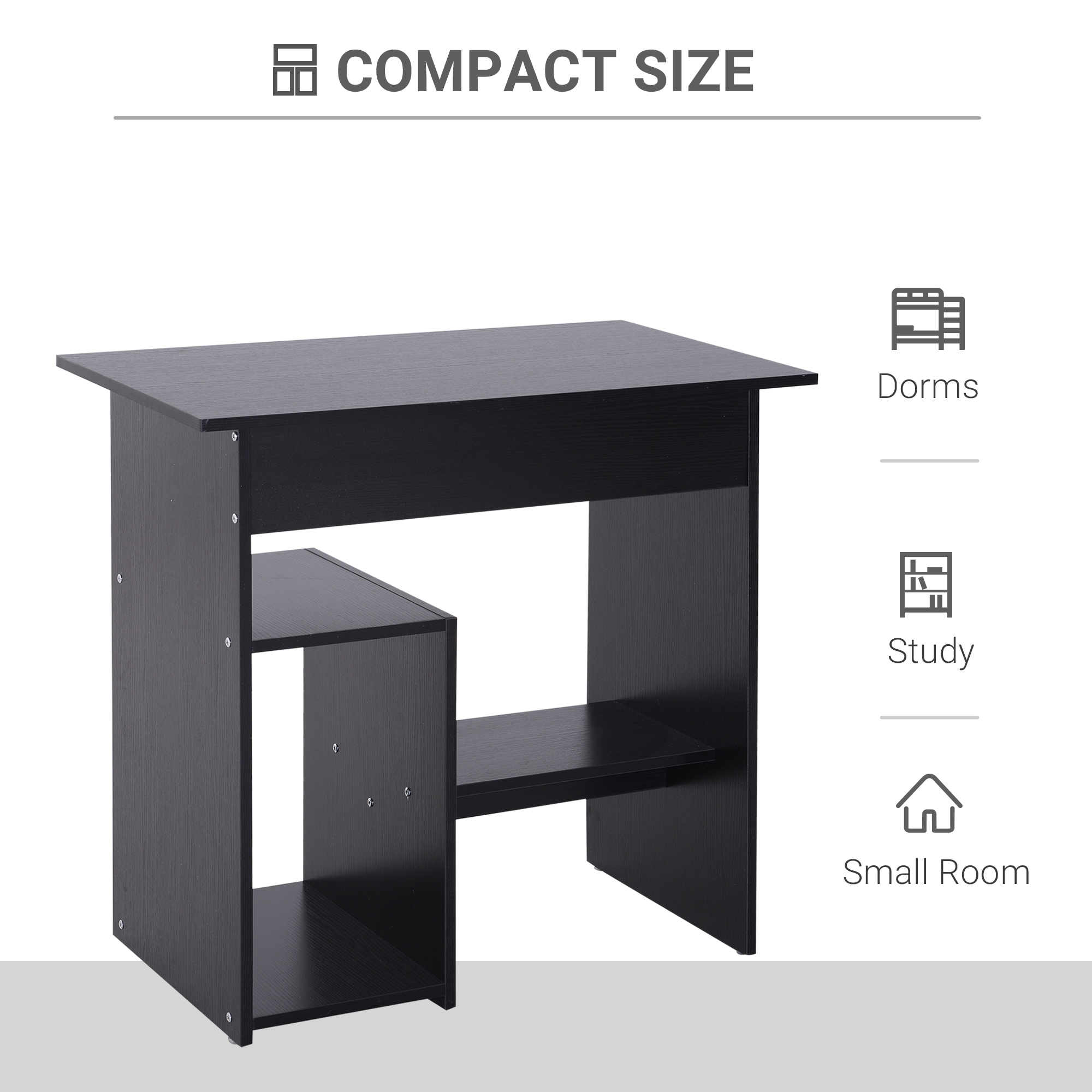 HOMCOM Compact Small Computer Table Wooden Desk Keyboard Tray Storage Shelf Modern Corner Table Home Office Black 5