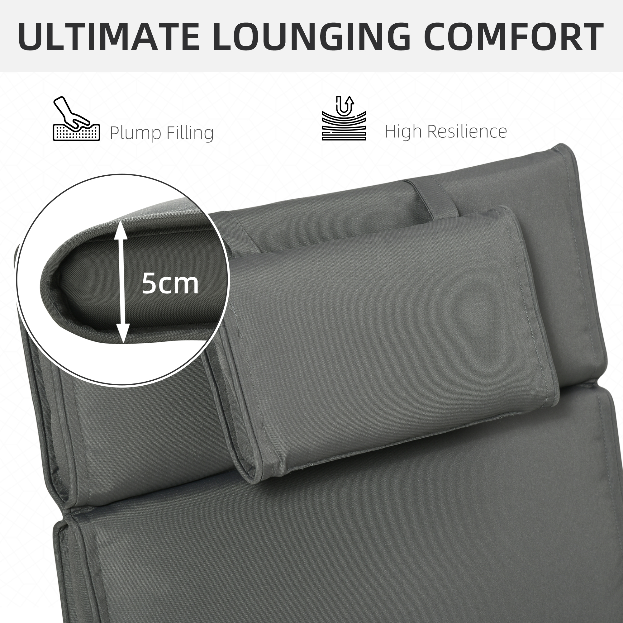 Outsunny Garden Sun Lounger Cushion Replacement Soft Sunbed Reclining Chair Relaxer Pad with Pillow, Cushion ONLY Grey 4