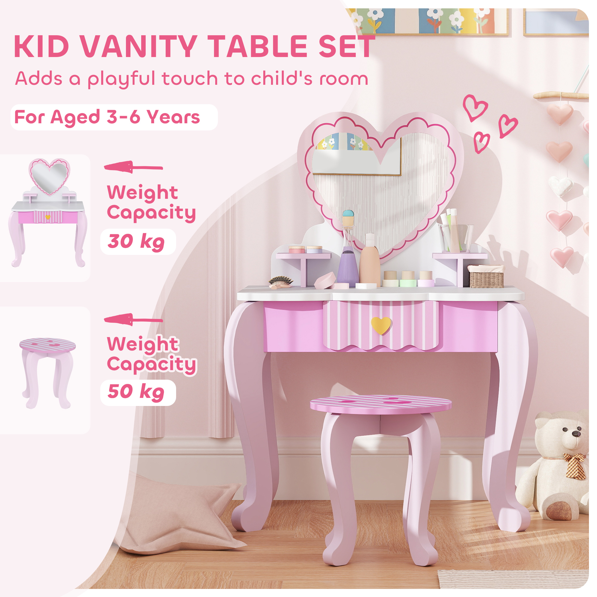 AIYAPLAY Kids Dressing Table Set, Vanity Table with Stool, Mirror, Drawer, Desktop Storage, Heart Theme, Pink 4