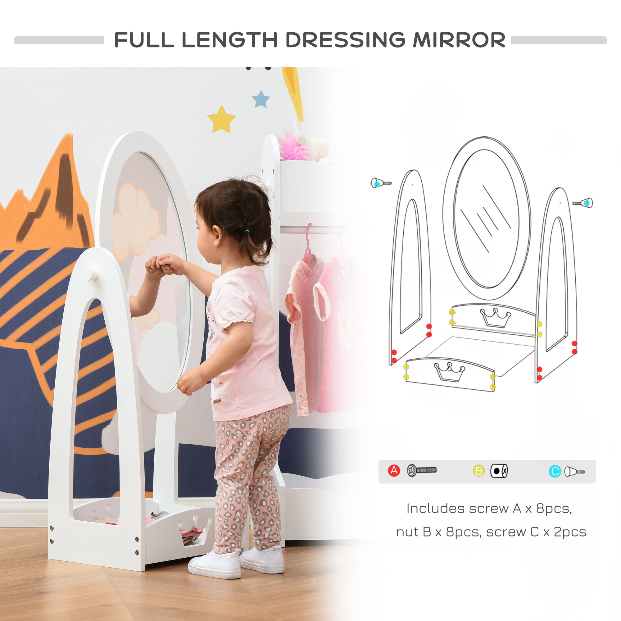 HOMCOM Kids Clothes Rail and Mirror Set 360° Rotation Free Standing Full Length Mirror and Hanging Rack with Storage Shelves Child's Dressing Mirror Garment Wardrobe White 5