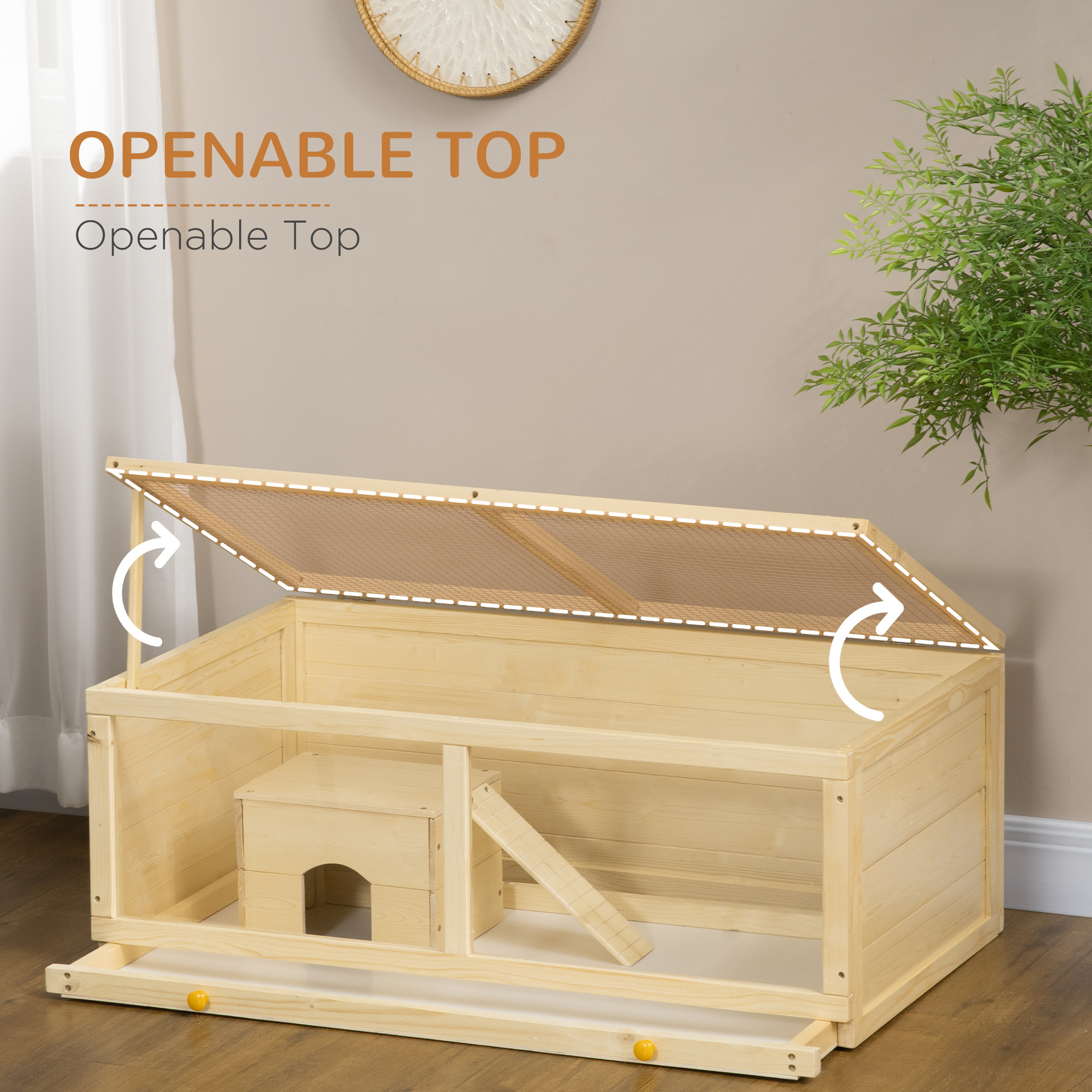 PawHut Wooden Hamster Cage with Sliding Tray, Openable Top, Hut for Syrian Hamster, Natural Wood Finish 5
