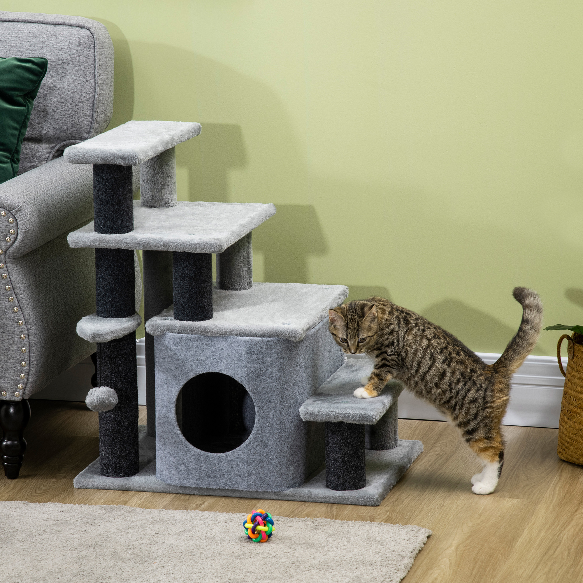PawHut Three-Step Pet Stairs, with Sisal Scratching Board, Toy Hanging Ball, Steel Frame