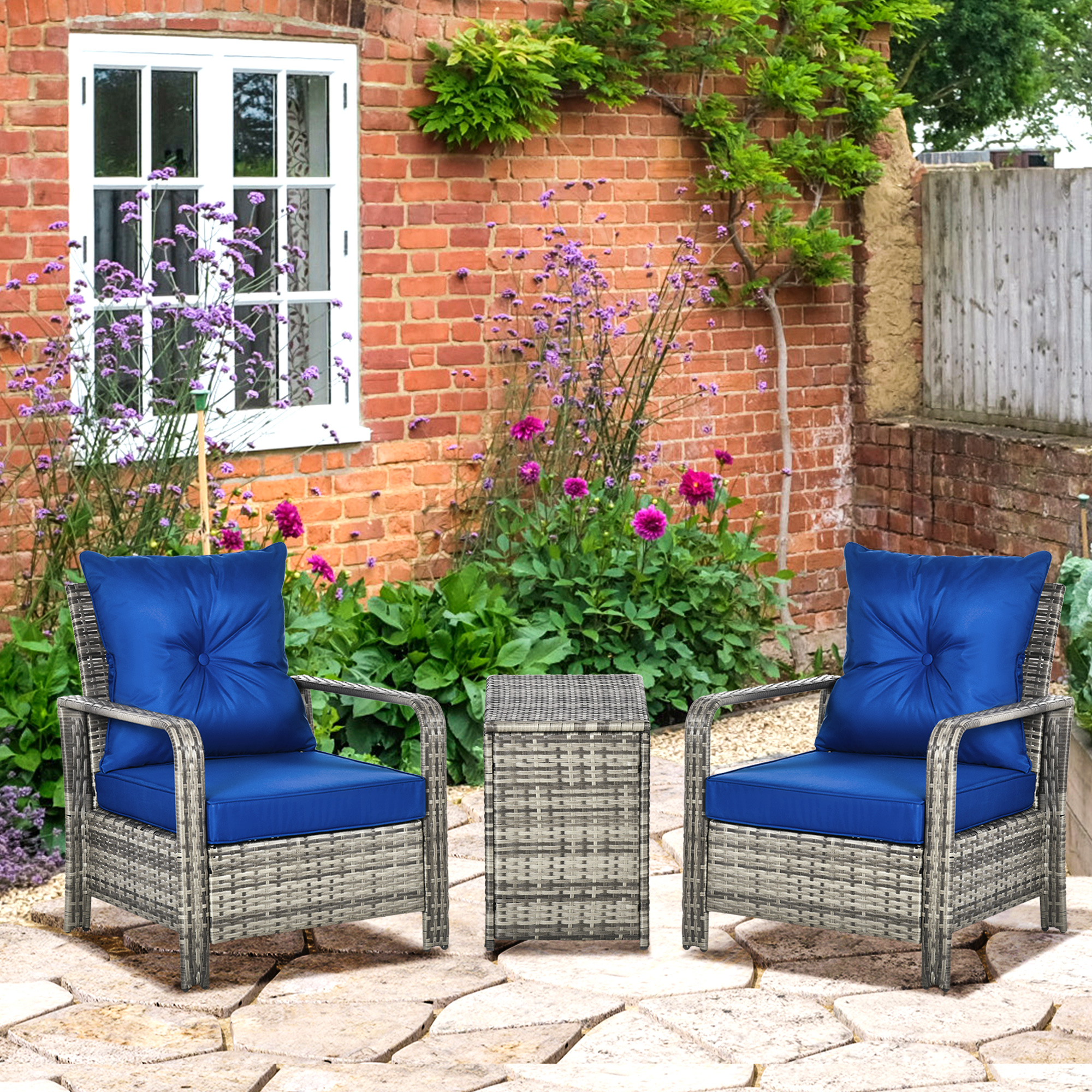 Outsunny 3 Pieces Rattan Bistro Set, Wicker Garden Furniture Set with Storage Coffee Table and Chairs, Thickened Cushions for Outdoor, Patio, Balcony, Blue 2