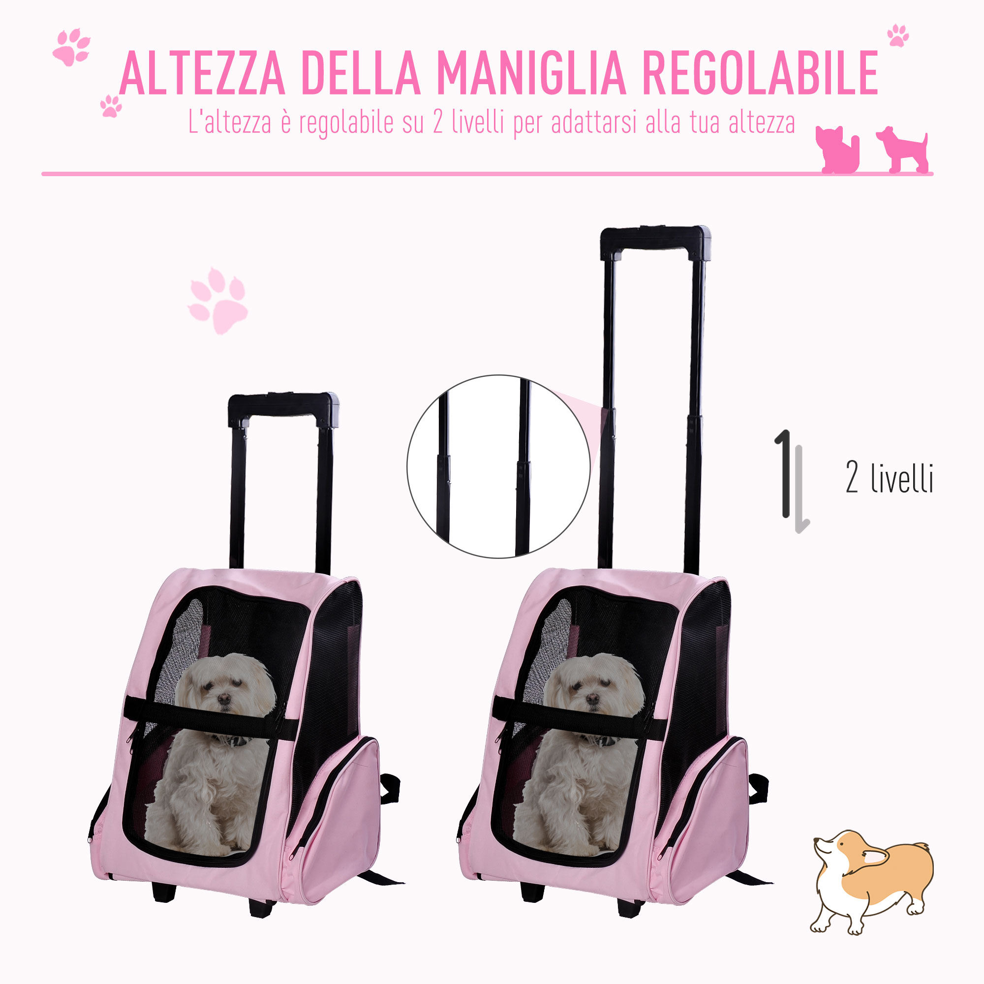 Zaino Trasportino 2 In 1 Per Cani E Gatti - 42x25x55cm, Rosa, Con Ruote E Tracolla