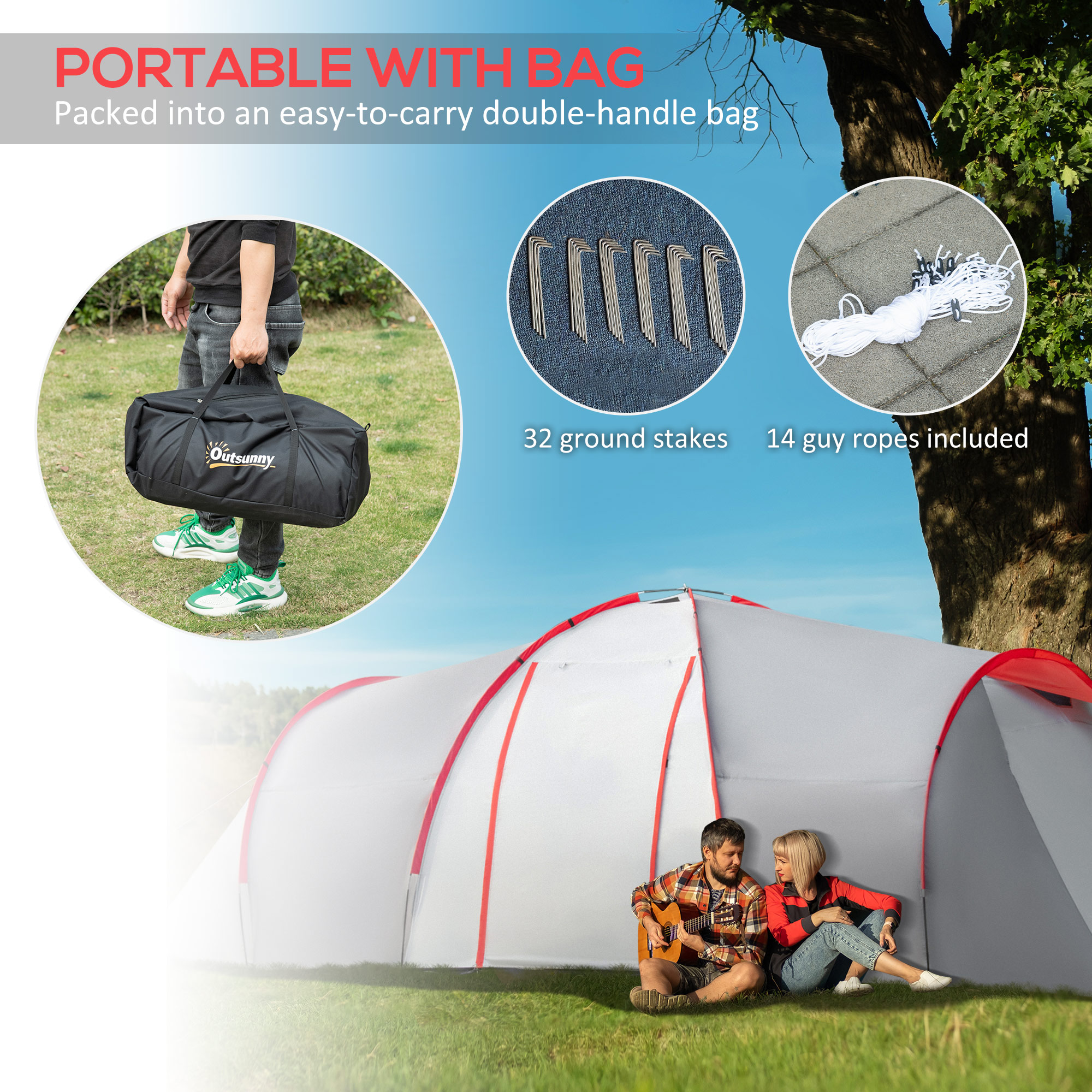 Outsunny Four-Man Tunnel Tent, with Two Bedrooms and Living Room Grey/Red 7