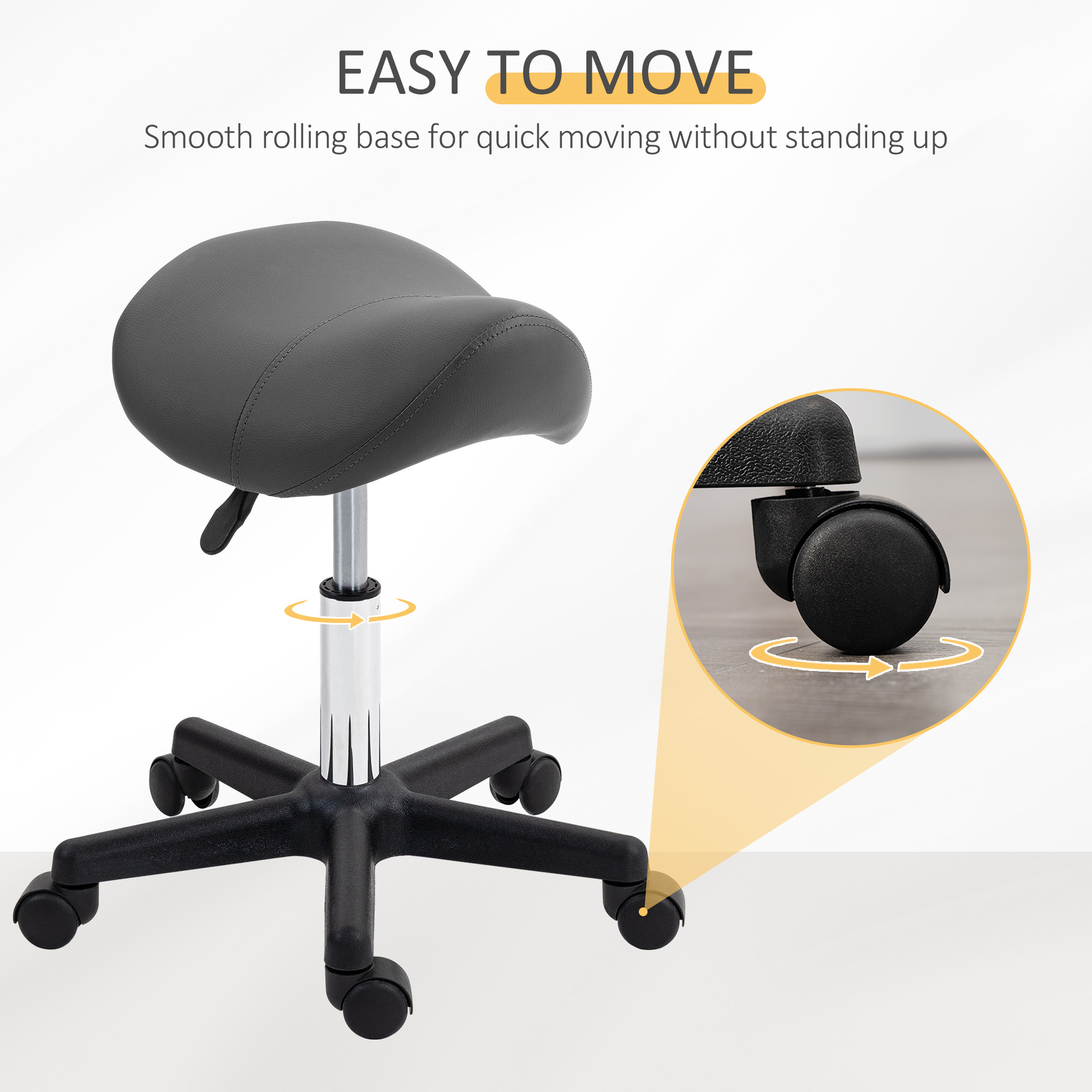 HOMCOM Saddle Stool, PU Leather Adjustable Rolling Salon Chair with Steel Frame for Massage, Spa, Beauty and Tattoo, Grey 5