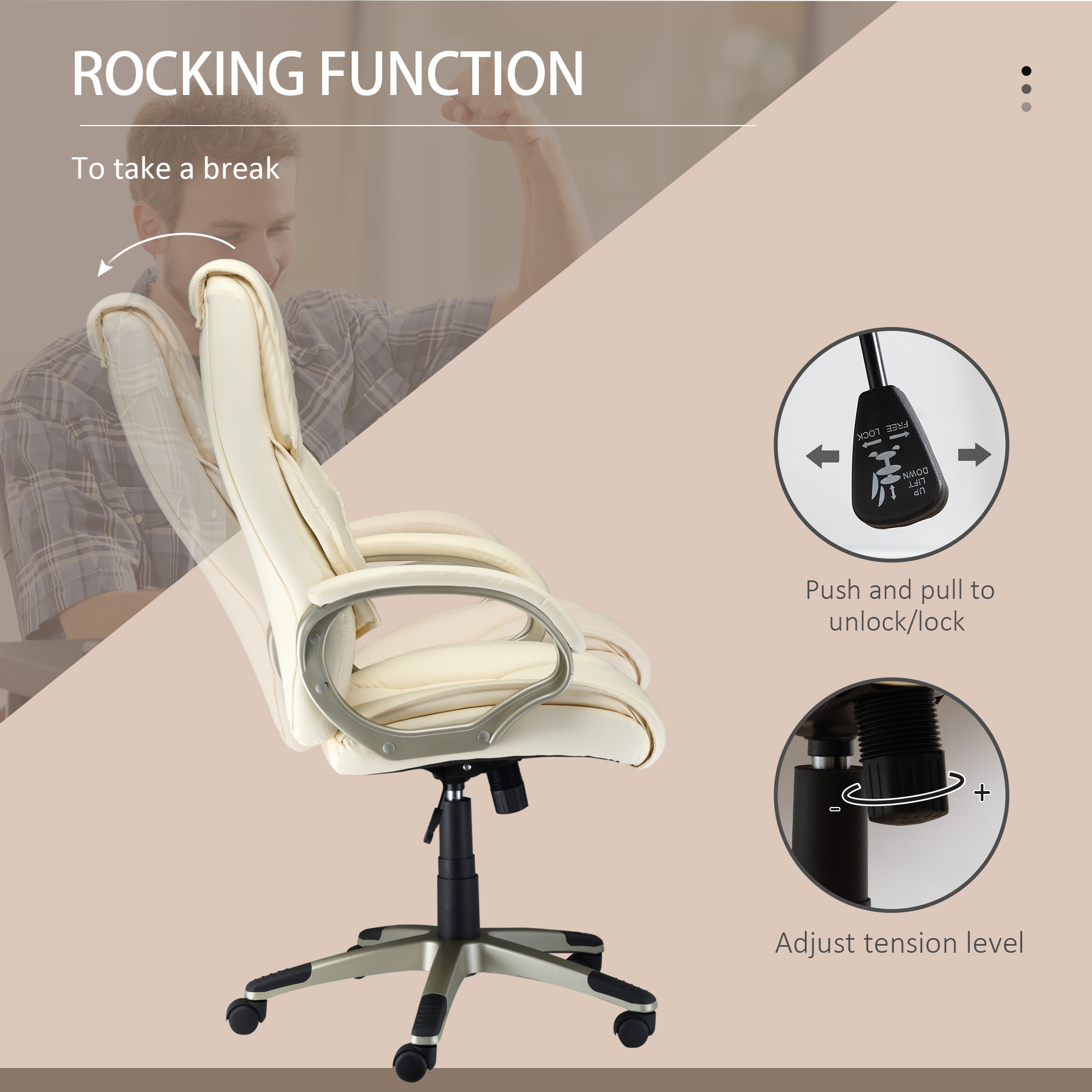 HOMCOM Home Office Chair High Back Computer Desk Chair with Faux Leather Adjustable Height Rocking Function Cream White 5