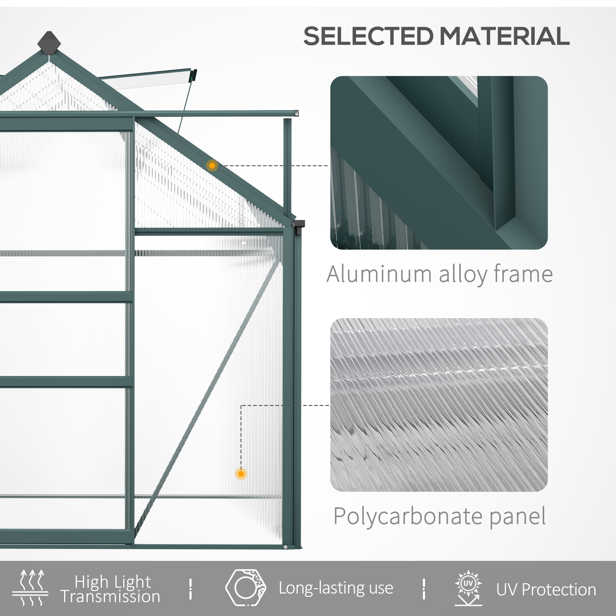 Outsunny 6 x 10ft Polycarbonate Greenhouse, Large Walk-In Green House with Slide Door and Window, Garden Plants Grow House with Aluminium Frame and Foundation, Dark Green 5