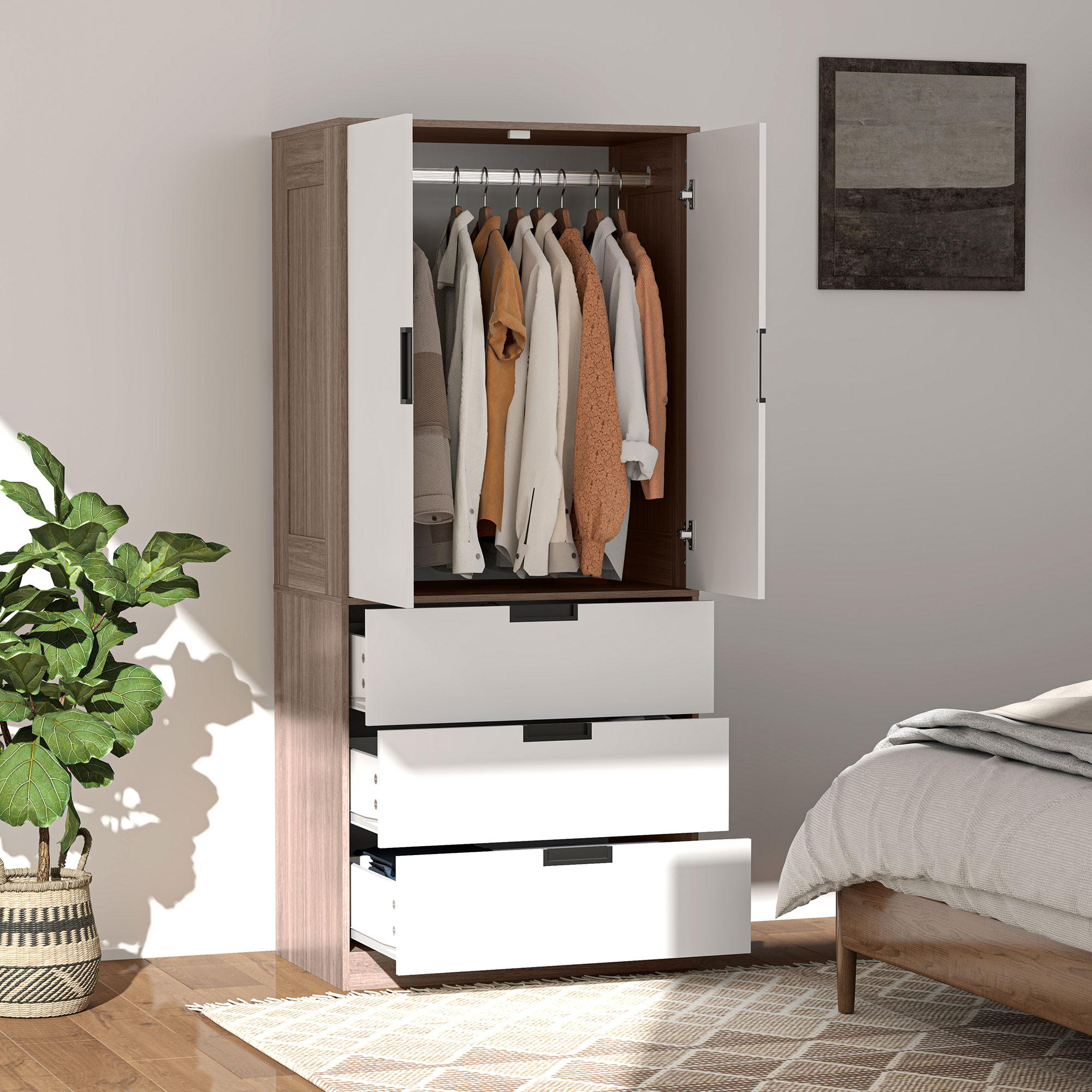 HOMCOM Two Door Wardrobe with drawers for Bedroom Use Family Use, White Brown 7