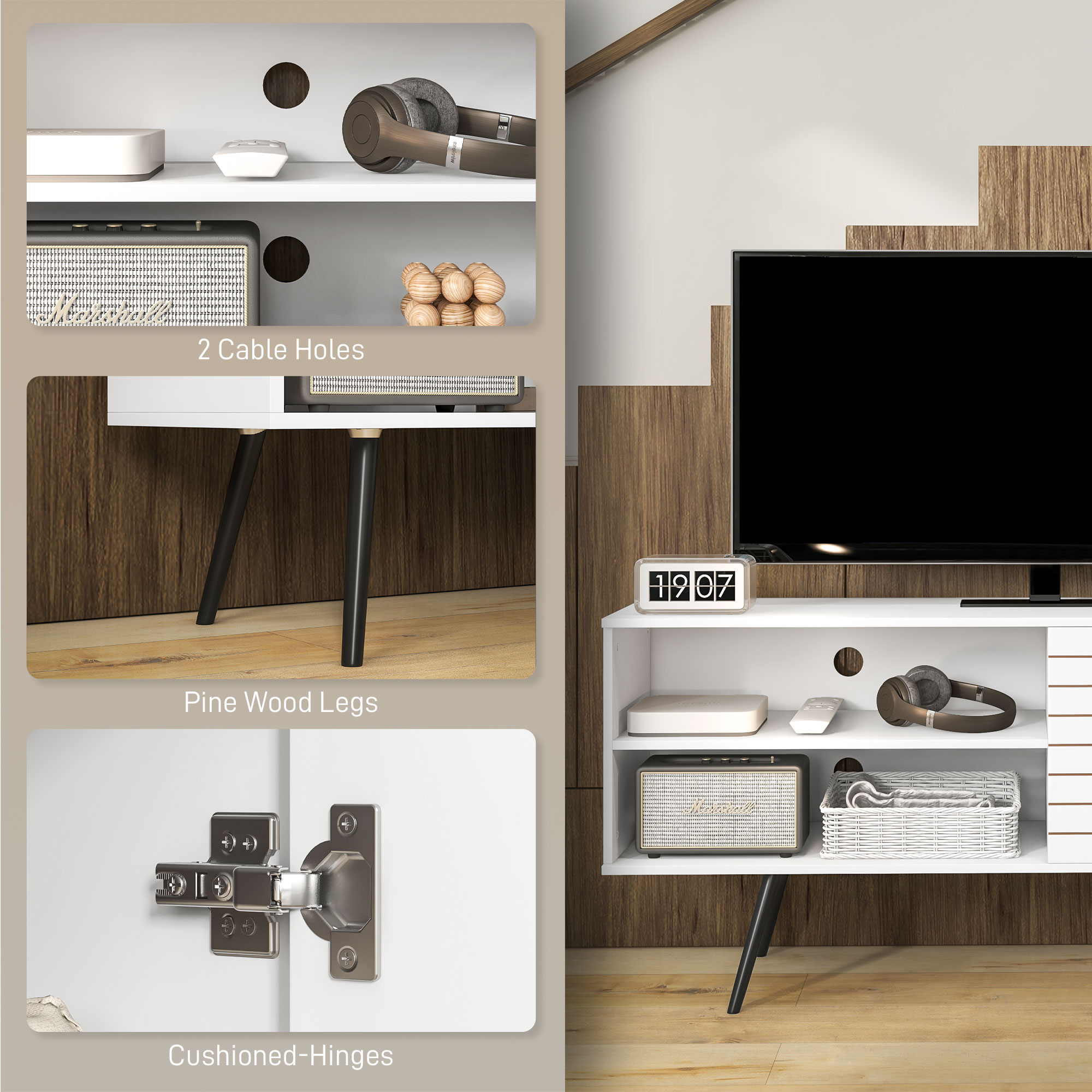 HOMCOM TV Stand with Cupboard, Open Shelves, Striped Doors, Wooden legs, White 6