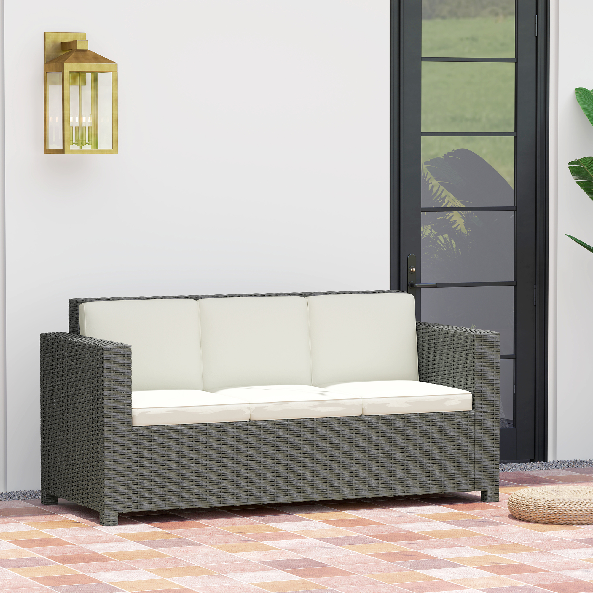 Outsunny 3 Seater Rattan Sofa All-Weather Wicker Weave Metal Frame Chair with Fire Resistant Cushio-Cream 7