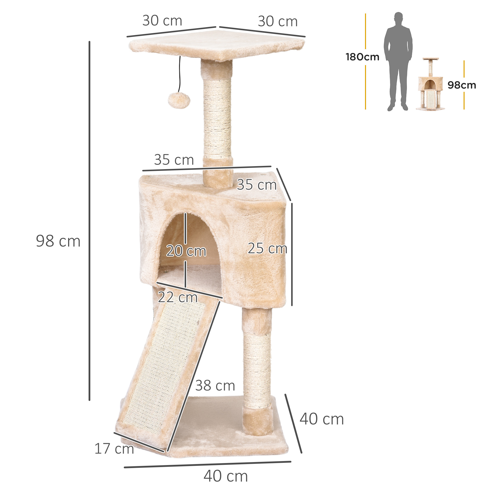 PawHut Corner Cat Tree for Indoor Cats, Kitten Tower with Scratching Post House Ladder Toy Beige 3