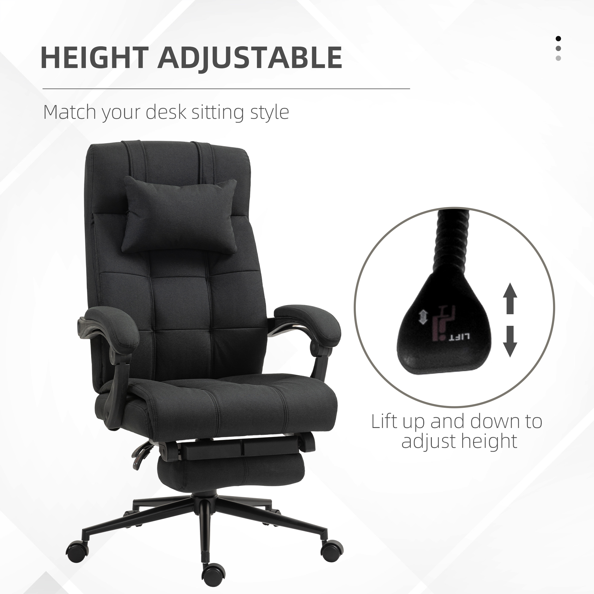 Vinsetto Office Desk Chair with Footrest, Headrest Pillow, Home Office Chair with Reclining Backrest, Swivel Wheels, Black 4