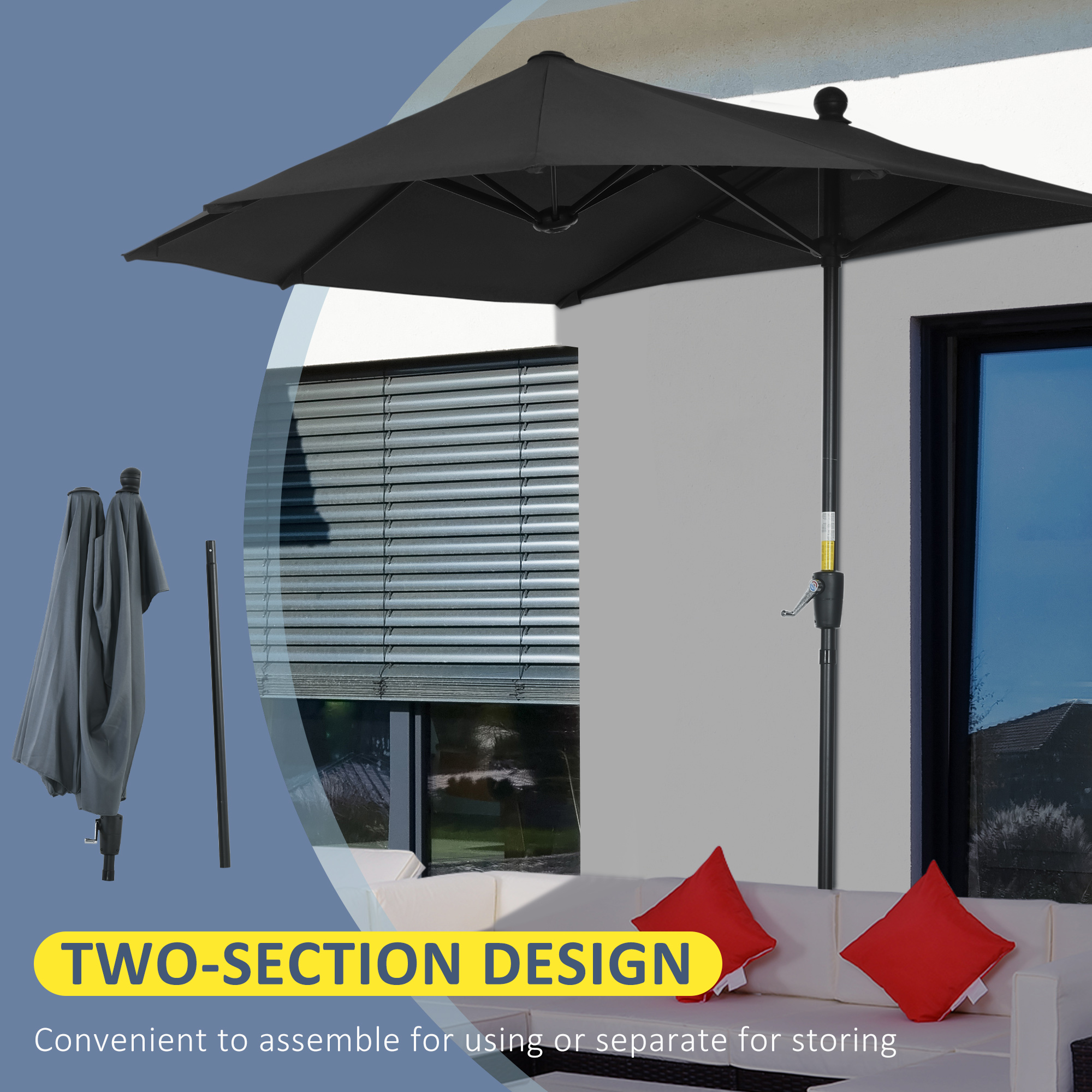 Outsunny 2m Half Parasol Market Umbrella Garden Balcony Parasol with Crank Handle, Base, Double-Sided Canopy, Black 6