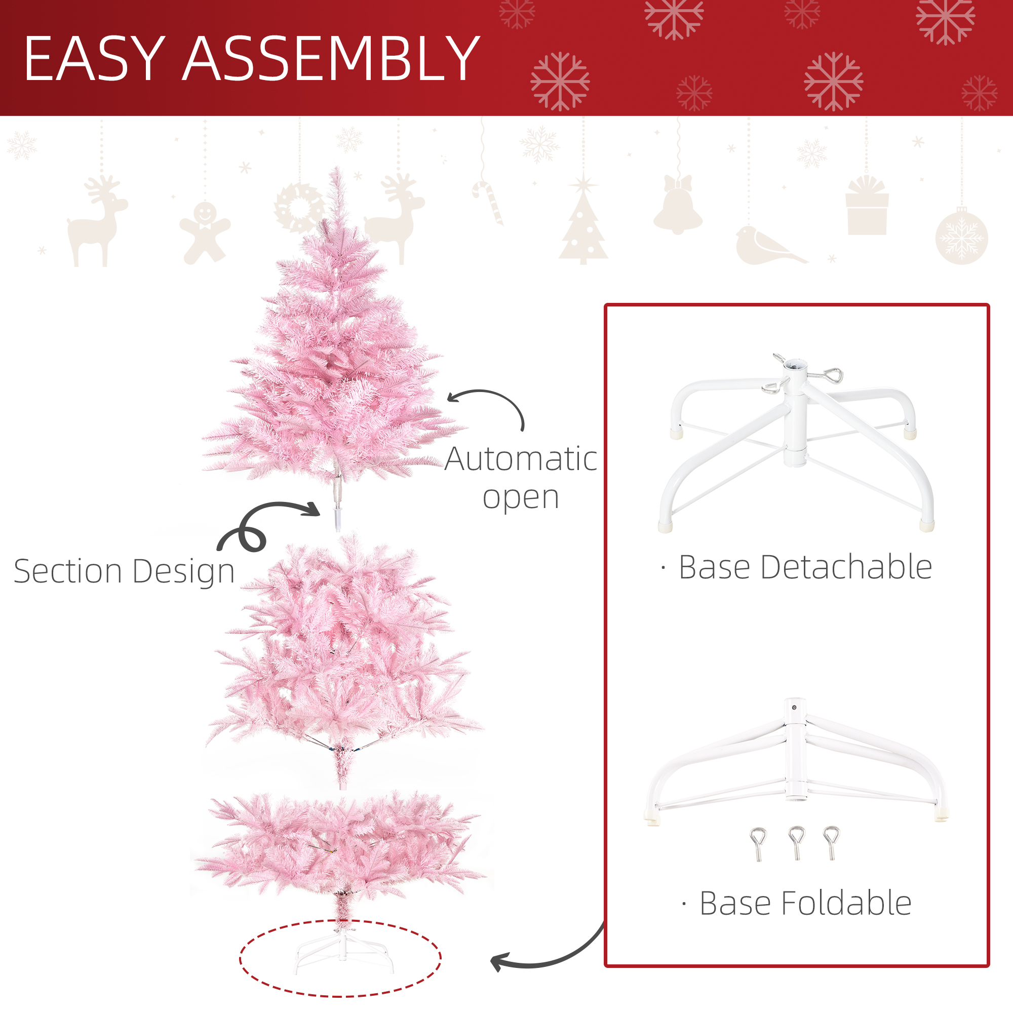 HOMCOM 6FT Artificial Christmas Tree Holiday Xmas Holiday Tree Decoration with Automatic Open for Home Party, Pink 6