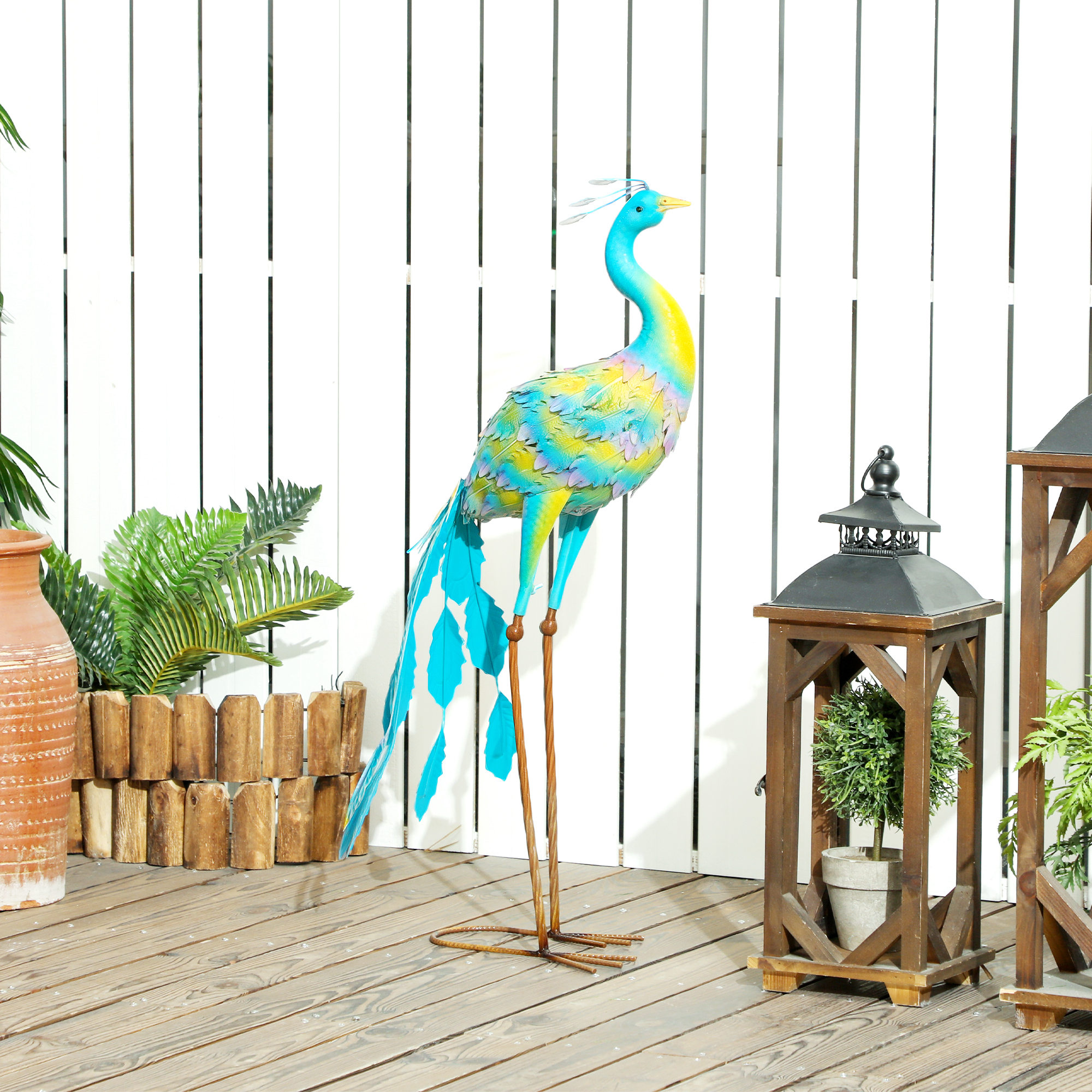 Outsunny Peacock Garden Statue, Standing Garden Ornament, Metal Garden Gift with Stakes for Patio Pond Landscape Decoration, Multi-Colour 2