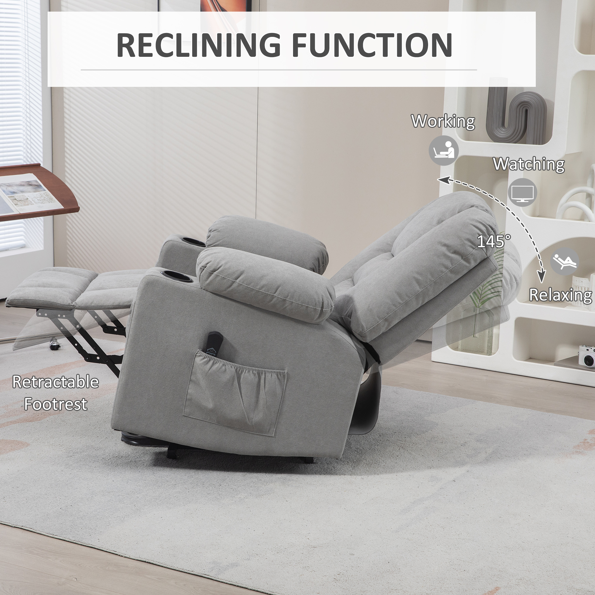 HOMCOM Oversized Riser and Recliner Chairs for the Elderly, Fabric Upholstered Lift Chair for Living Room with Remote Control, Side Pockets, Cup Holder, Light Grey 5
