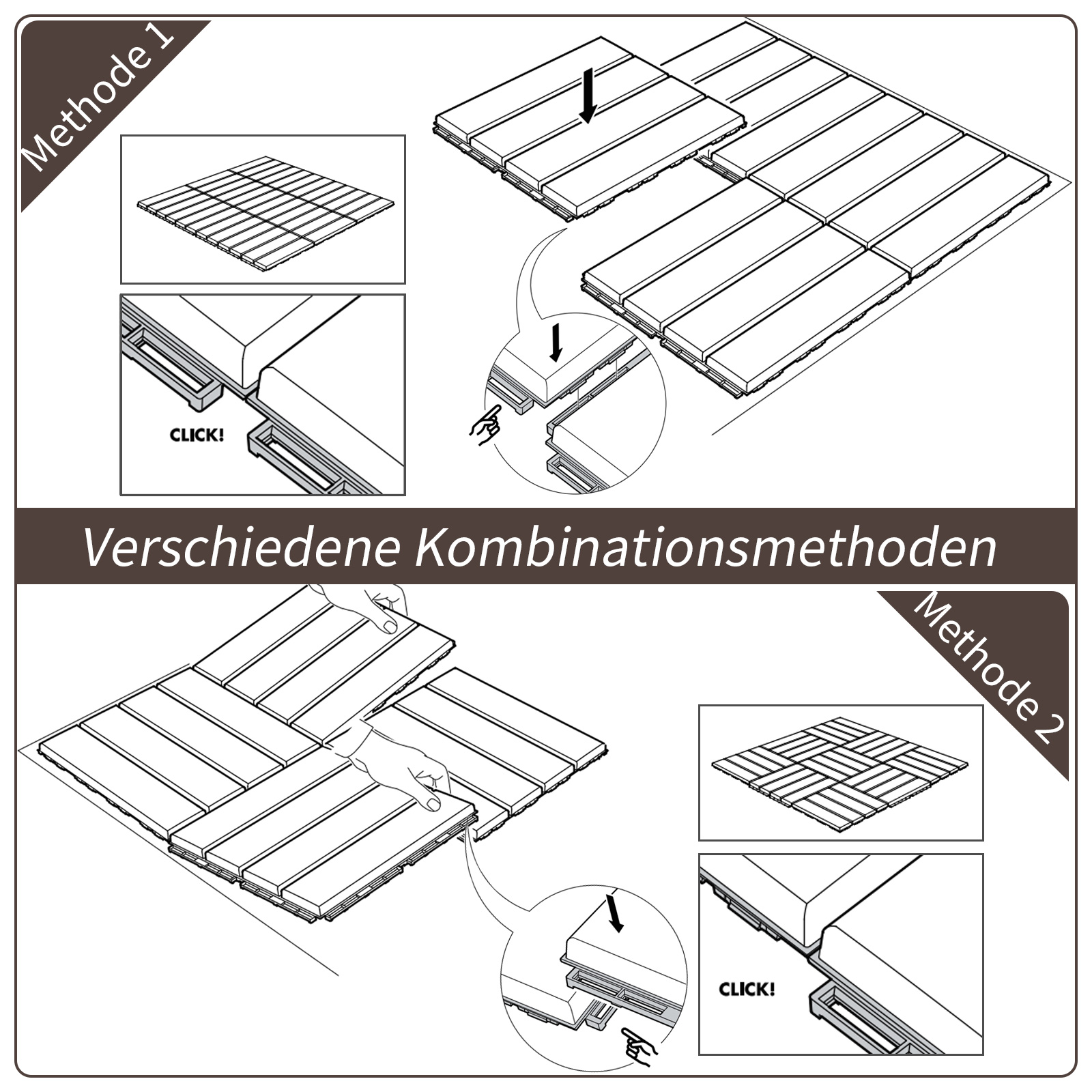 Terrassiplaadid 30 x 30 cm, 9 tükki, 0,81 m², klõpskinnitusega plaadid, rõduplaadid klõpskinnitusega, drenaažifunktsiooniga, põrandaplaat terrassile/rõdule, pruun