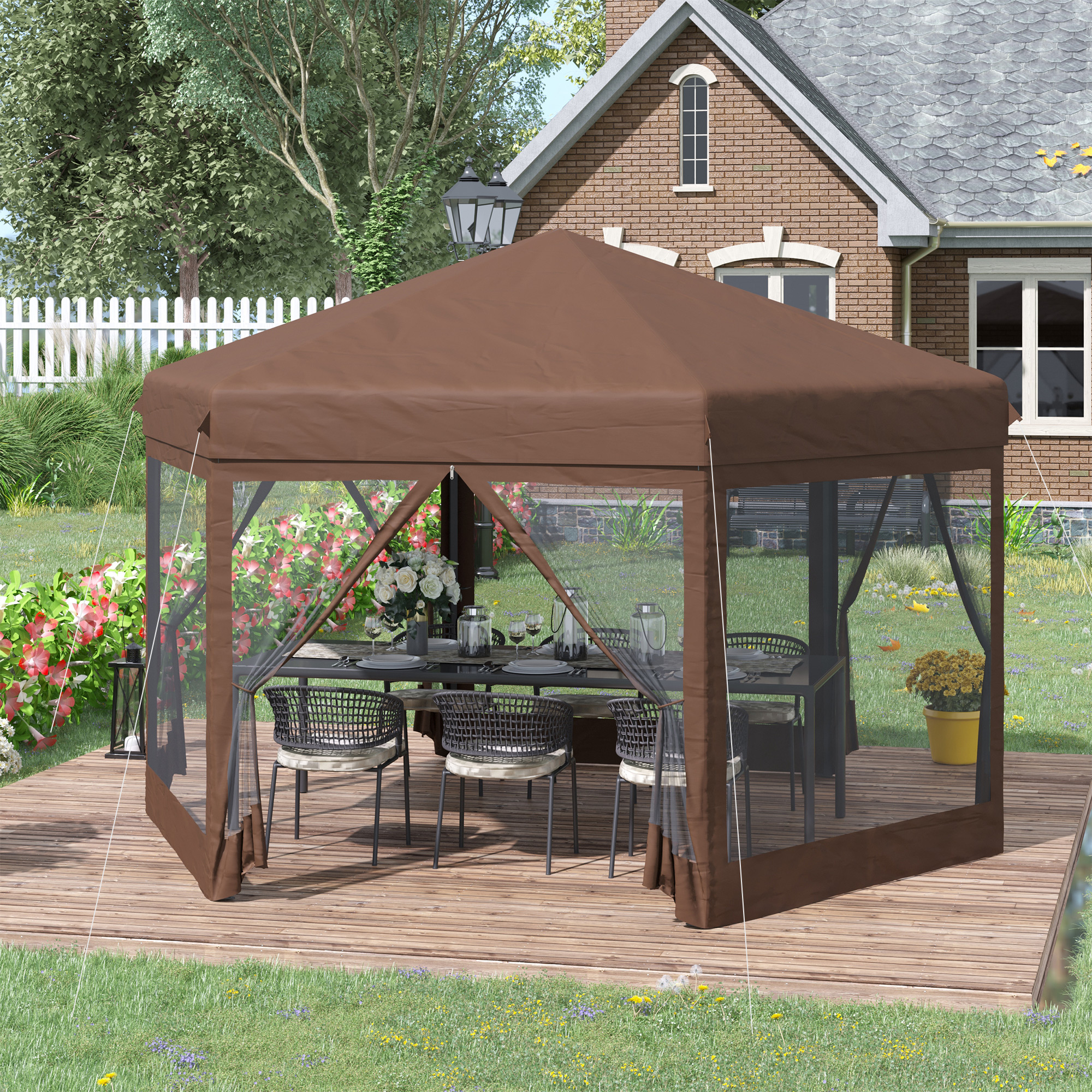 Outsunny 3.5m x 4m Hexagonal Pop Up Gazebo, Canopy Tent Sun Shelter for Patio Outdoor Party, Height Adjustable, with Mosquito Netting and Carry Bag Brown 2