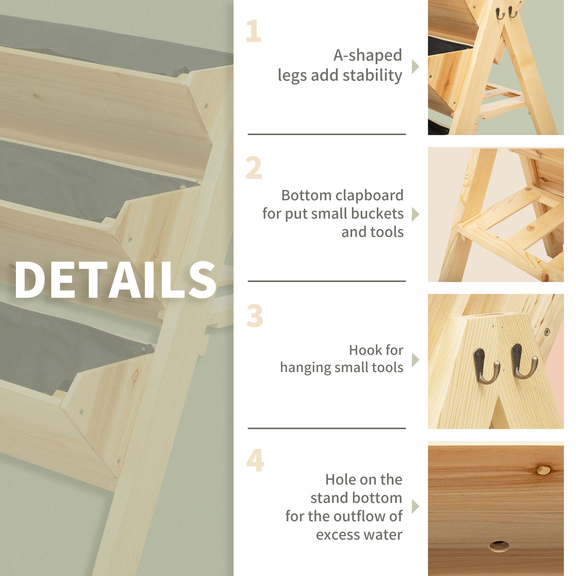 Outsunny 3 Tier Raised Beds for Garden, Wooden Planter Boxes with Clapboard and Hooks, 142L, 120 x 68 x 80cm 5