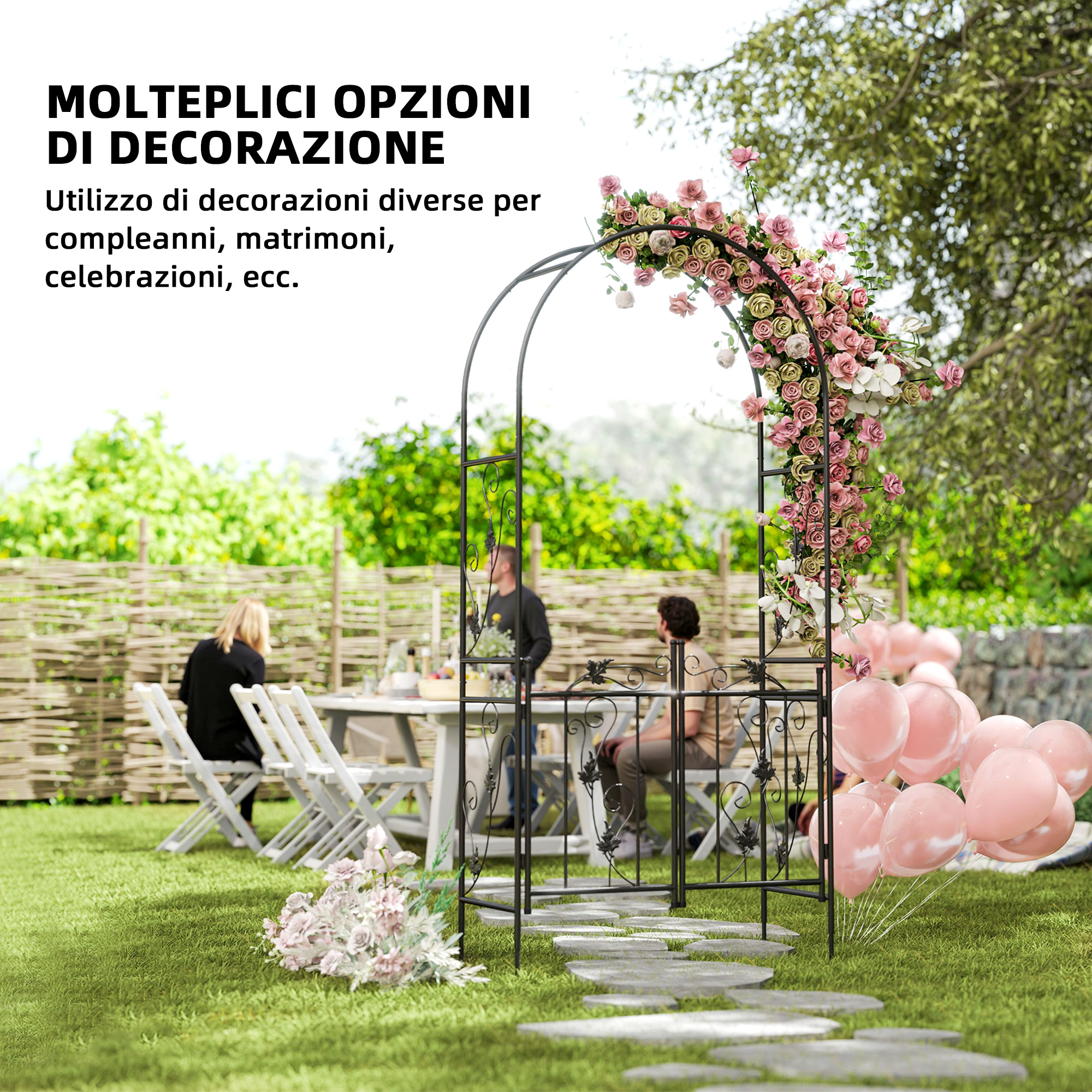 BAKAJI Arco Da Giardino Con Cancello - Struttura Metallica Per Piante Rampicanti 228cm Nero - Foto 8
