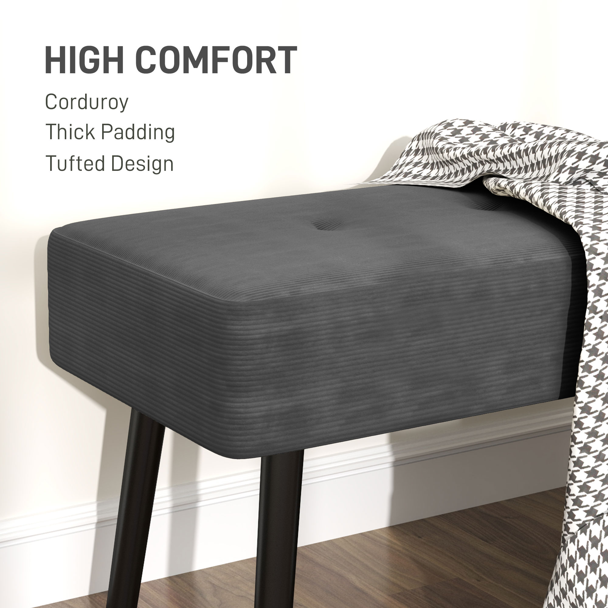 HOMCOM End of Bed Bench, Corduroy Bedroom Bench with Thick Padding and Steel Legs, Tufted Window Seat for Entryway, Living Room, Grey 4