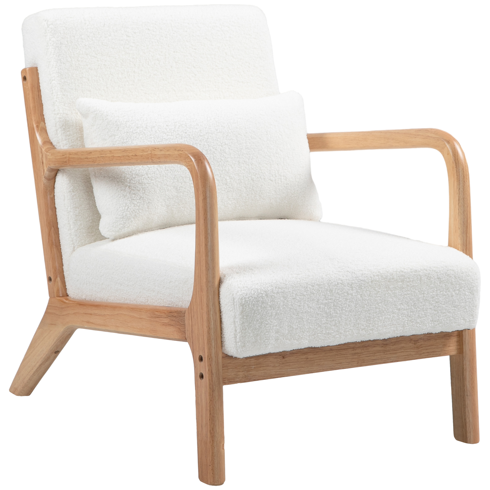 HOMCOM Fauteuil lounge - 3 coussins inclus - assise profonde - accoudoirs - structure bois hévéa - aspect velours crème