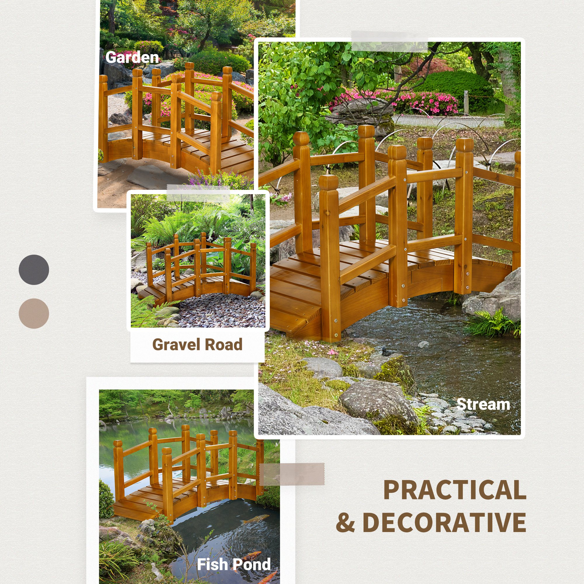Outsunny Wooden Garden Bridge with Safety Railings, Arc Footbridge for Pond Backyard Stream, Brown 6