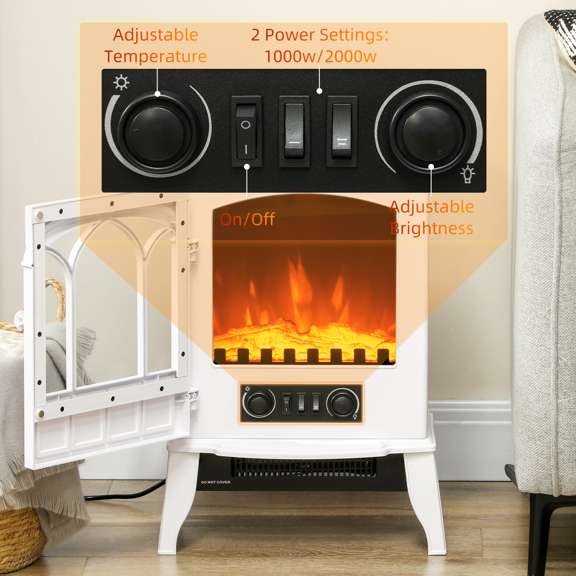 HOMCOM Freestanding Electric Fireplace, Electric Log Burner with LED Flame Effect, Overheating Safety System, 1000W/2000W White 5
