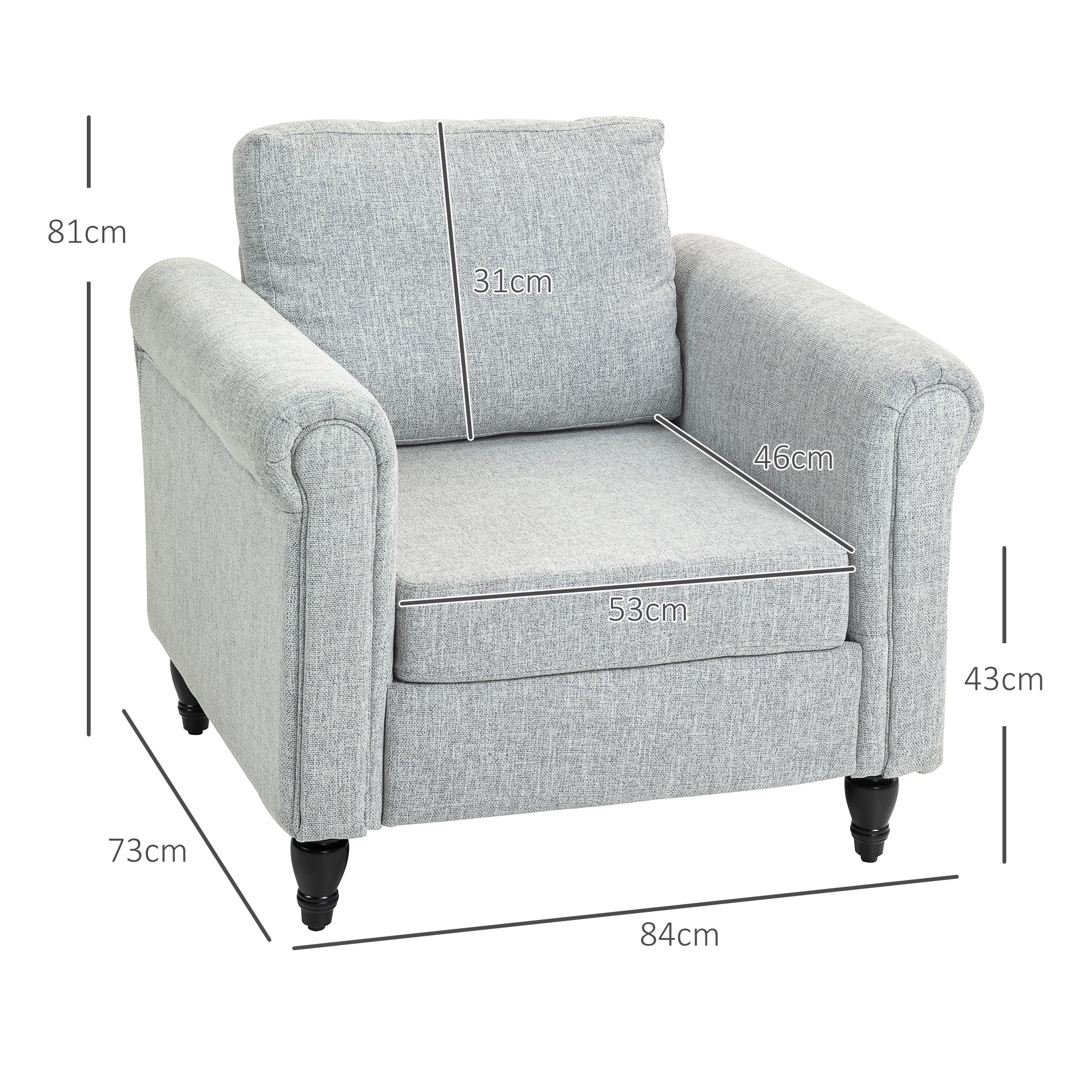 HOMCOM Vintage Accent Chair, Upholstered Occasional Chair with Back Pillow, Rolled Arms, Rubber Wood Legs, Light Grey 3