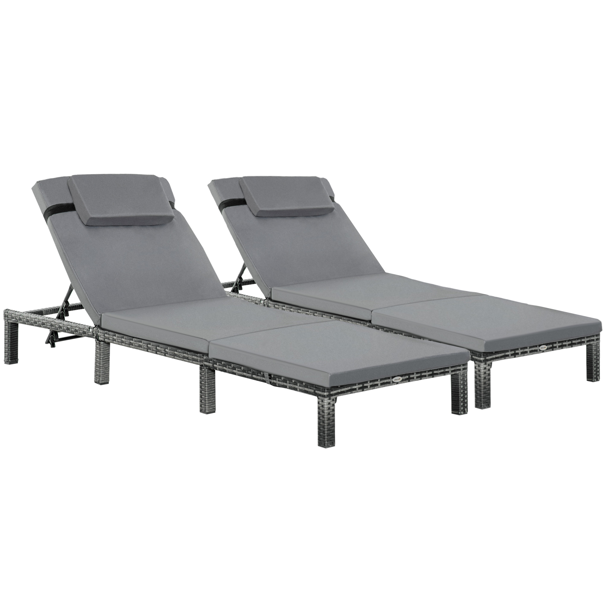 Product photograph of Outsunny 2 Pieces Outdoor Pe Rattan Sun Loungers Set Of 2 With Cushion Garden Wicker Sunbed Furniture With 5-level Recliner Backrest Grey from Aosom UK