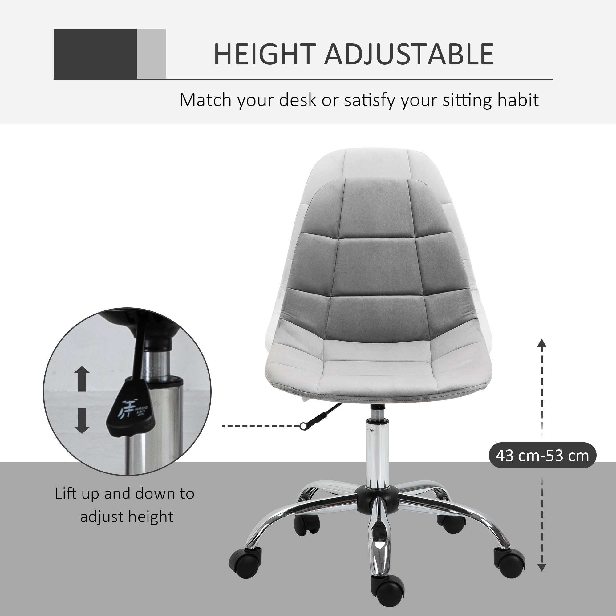 Vinsetto Ergonomic Office Chair with Adjustable Height and Wheels Velvet Executive Chair Armless for Home Study Bedroom Grey 4