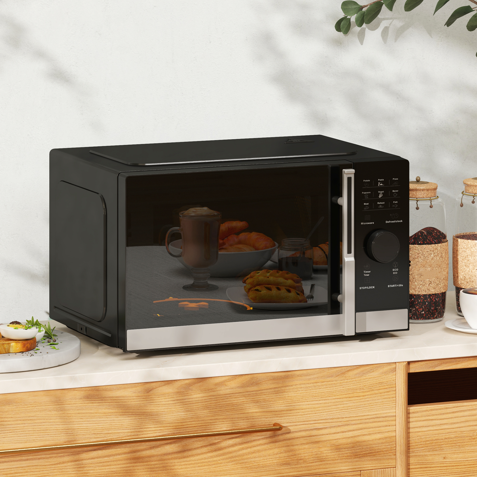 HOMCOM 23L 800W Microwave Oven, Digital Solo Microwave with 10 Power Levels, Automatic Defrost, 8 Auto Cook Menus, 60 Minutes Timer, Clock, Easy Clean, Small Black Microwave 2