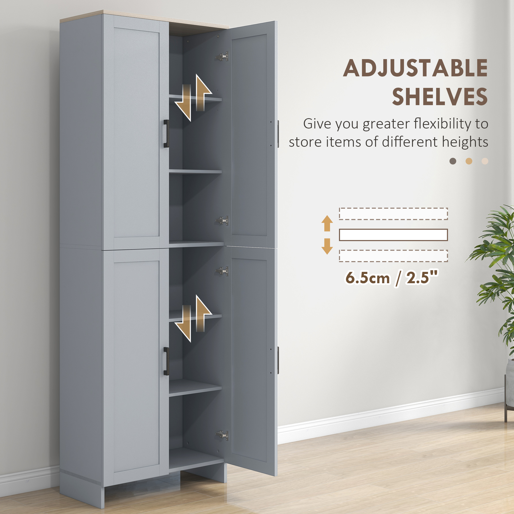 HOMCOM Freestanding Kitchen Cupboard, 4-Door Storage Cabinet with Adjustable Shelves, Modern Kitchen Pantry for Dining Room, 170cm, Grey 5
