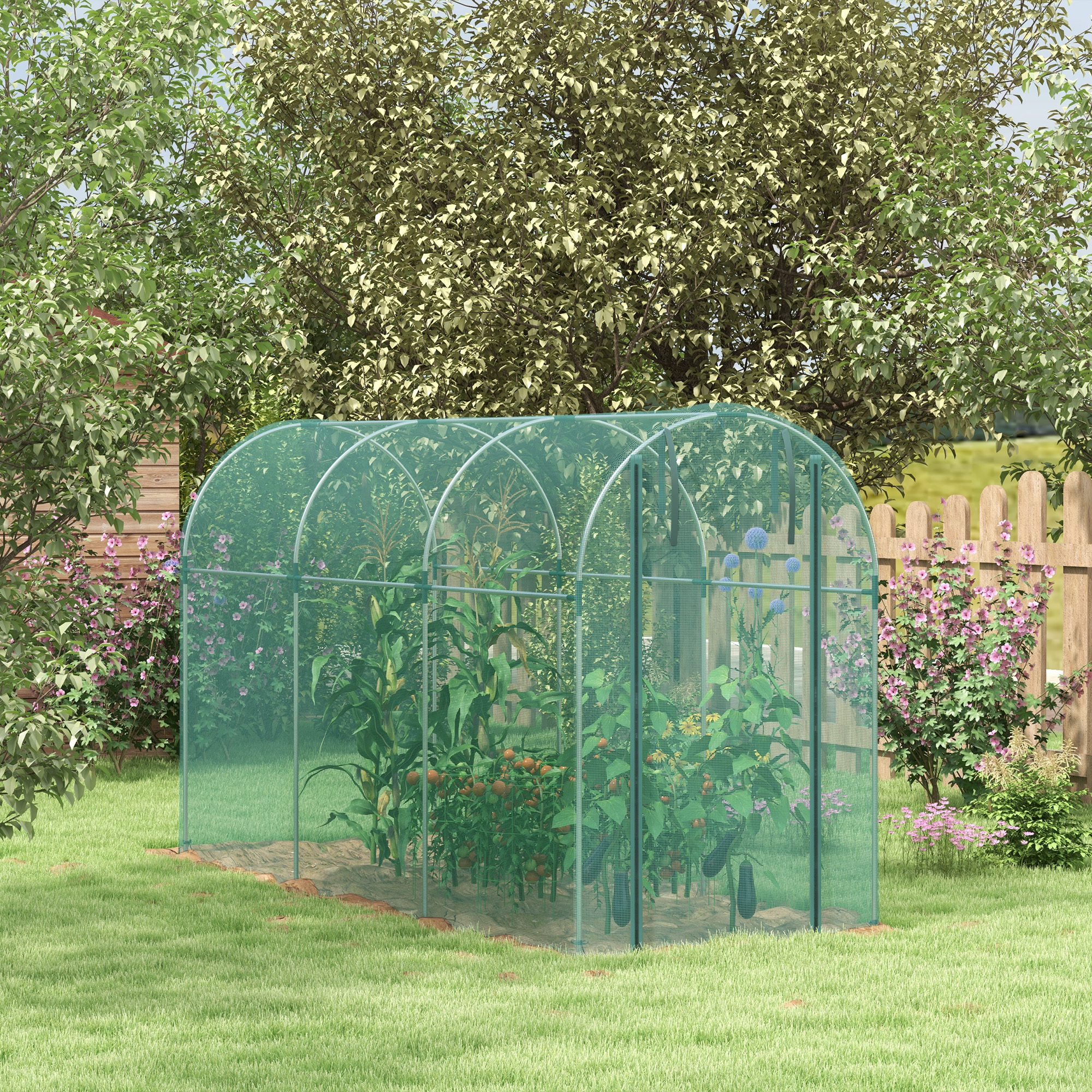 Outsunny 360 x 120cm Galvanised Steel Fruit Cage, Plant Protection Tent with Zipped Door, Green 2