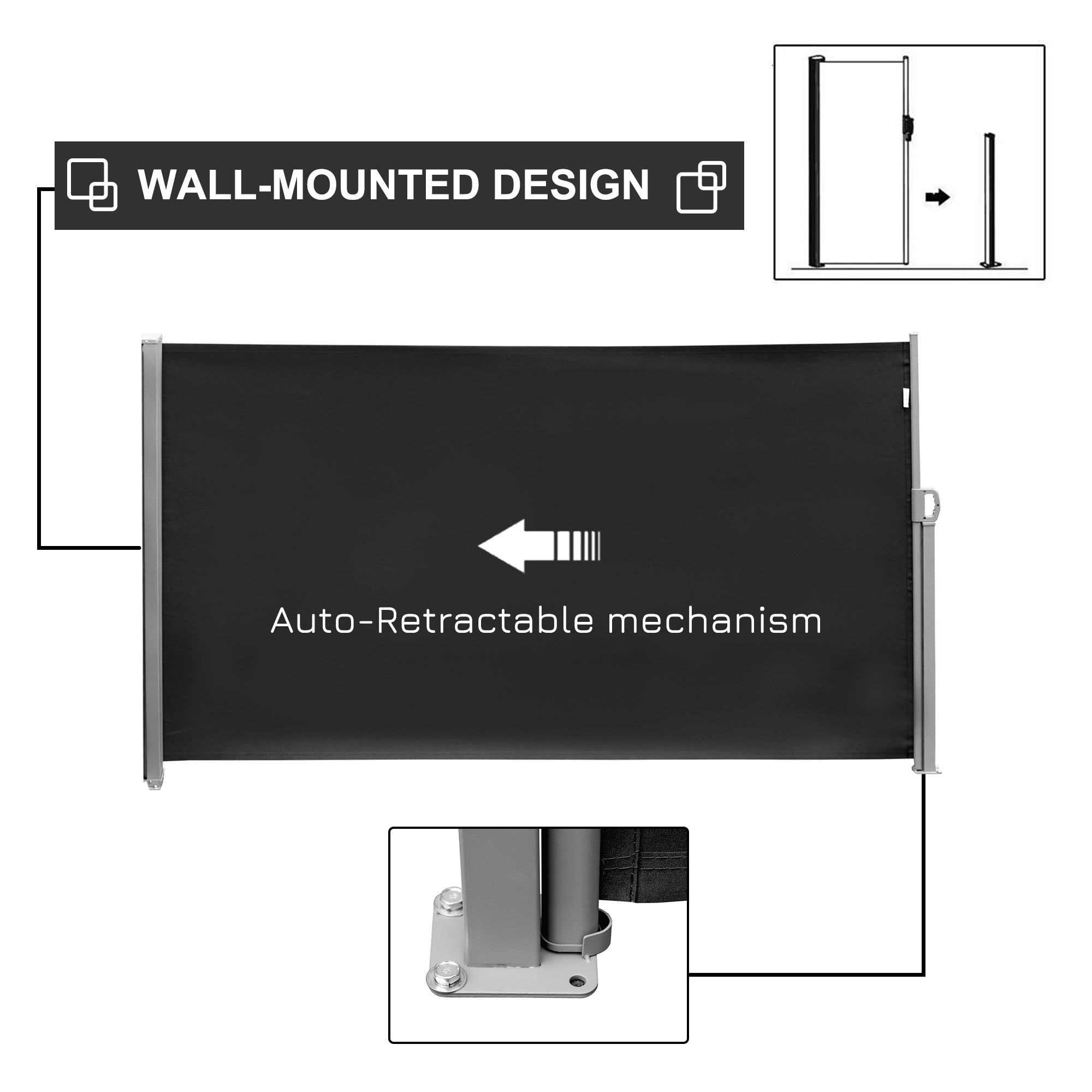 Outsunny Retractable Sun Side Awning Screen Fence Patio Garden Wall Balcony Screening Panel Outdoor Blind Privacy Divider (3x1.8M, Black) 4