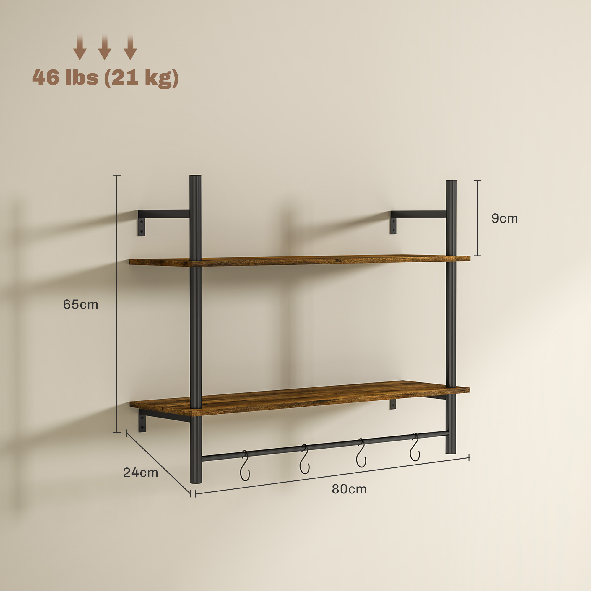 HOMCOM Wall Mounted Floating Shelves with 4 Hooks, Rustic Wall Shelf Unit for Living Room, Entryway, Rustic Brown 3